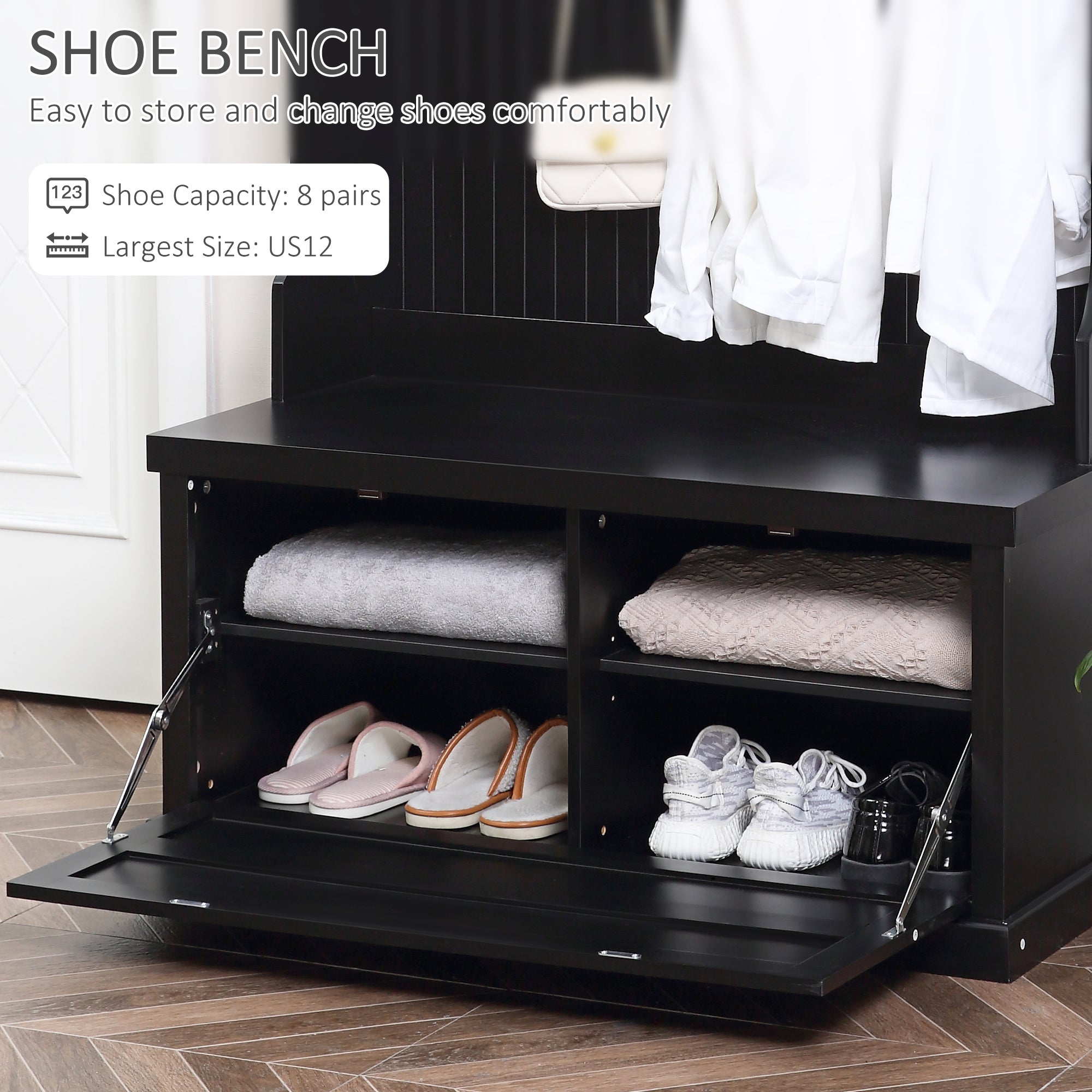 Entryway Bench with Coat Rack 4 Double Hooks and 2 Compartments Hall Tree with Shoe Storage Black