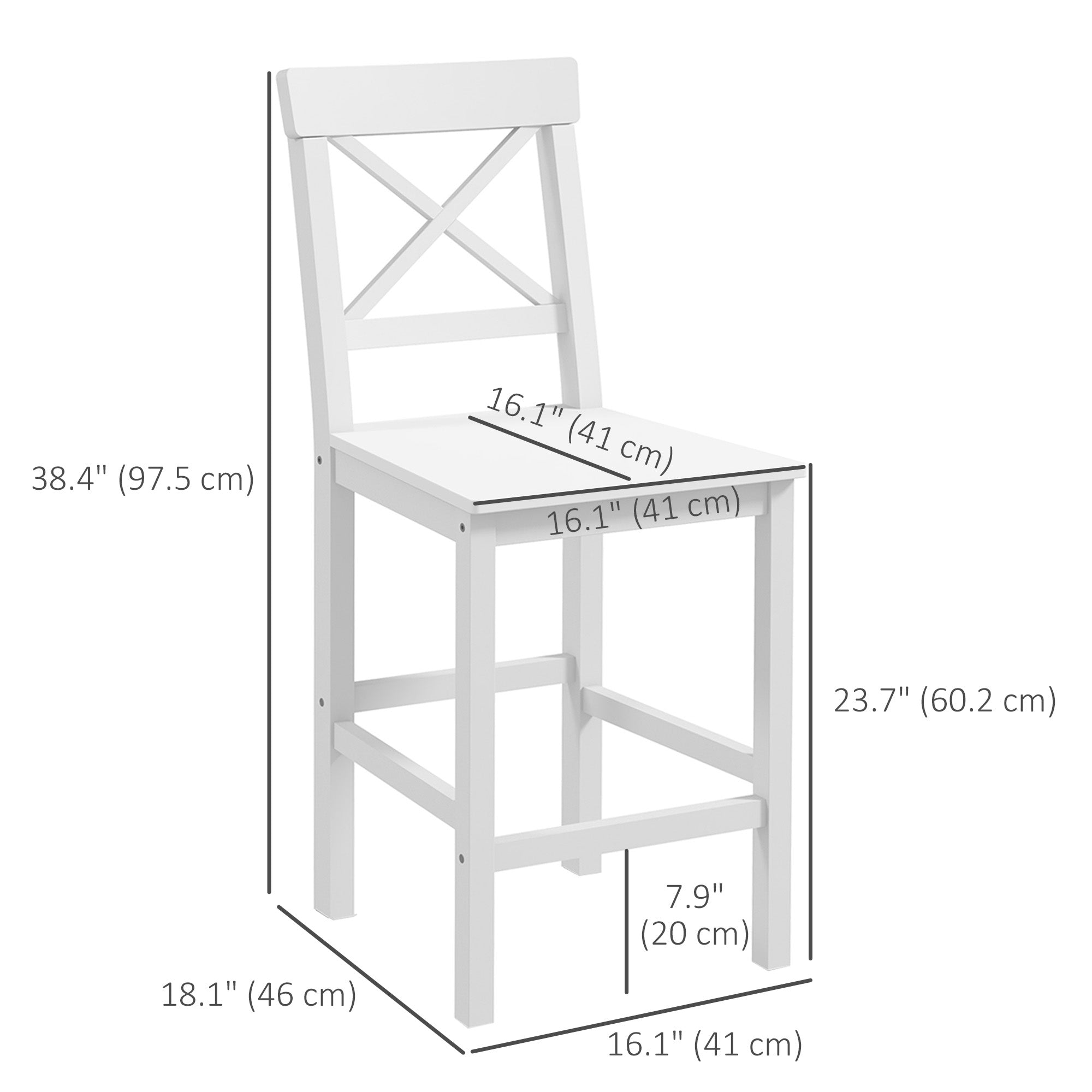 HOMCOM Bar Stools Set of 2, Farmhouse Counter Height Barstools, Solid Wood Bar Chairs with Cross Back and Footrest for Kitchen, White