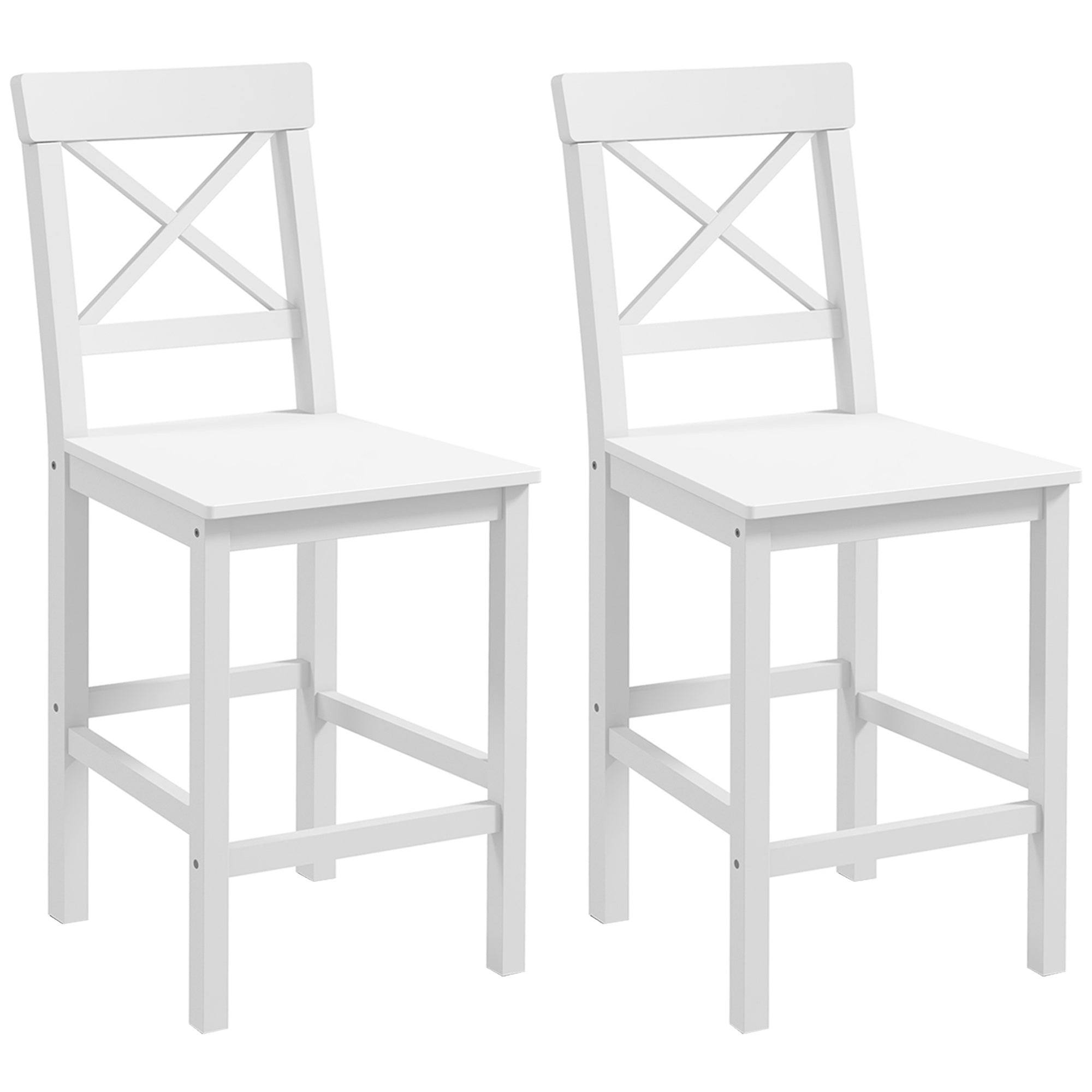 HOMCOM Bar Stools Set of 2, Farmhouse Counter Height Barstools, Solid Wood Bar Chairs with Cross Back and Footrest for Kitchen, White