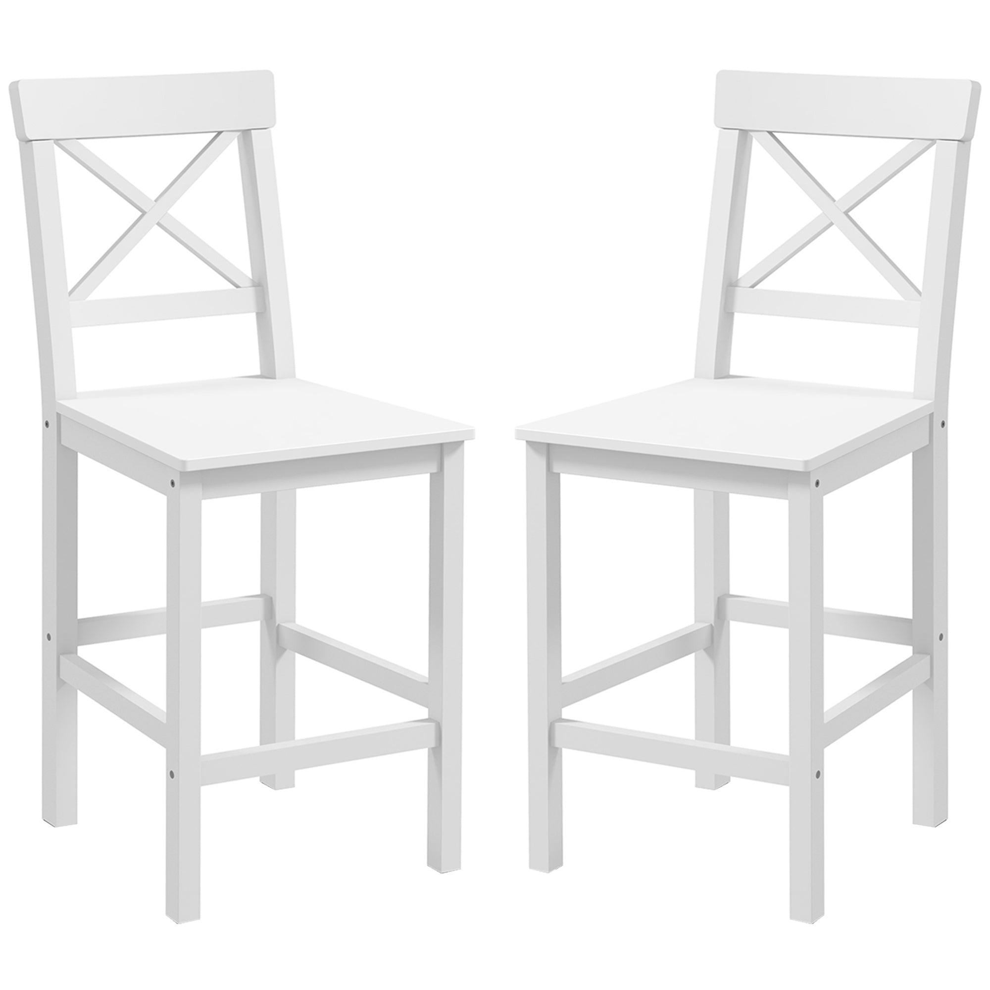 HOMCOM Bar Stools Set of 2, Farmhouse Counter Height Barstools, Solid Wood Bar Chairs with Cross Back and Footrest for Kitchen, White