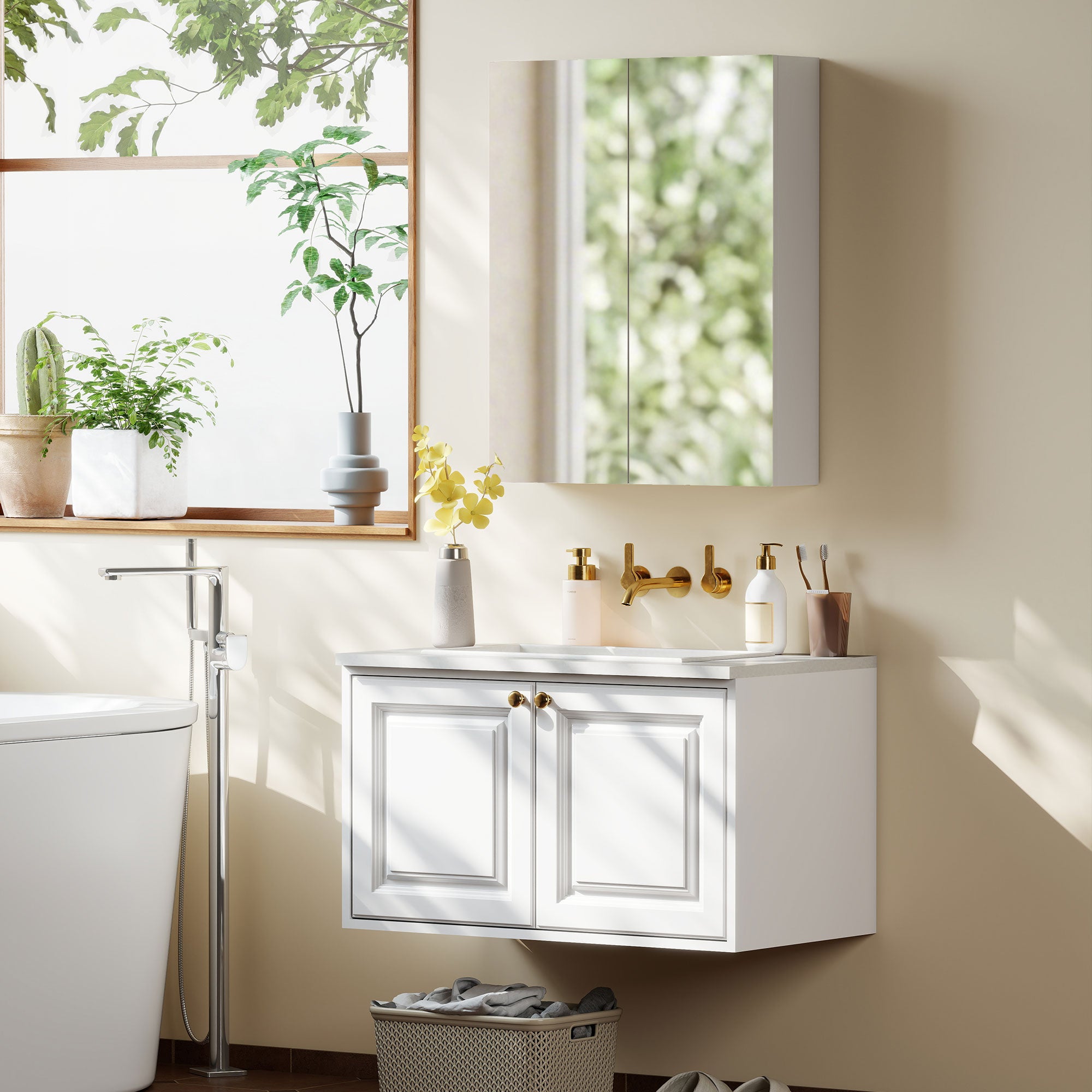 Bathroom Mirror Cabinet, 3-Tier Wall Mount Bathroom Storage Cabinet with Soft-Close Hinges and Adjustable Shelf, Double Door Cupboard, 60W x 15D x 75H cm, White
