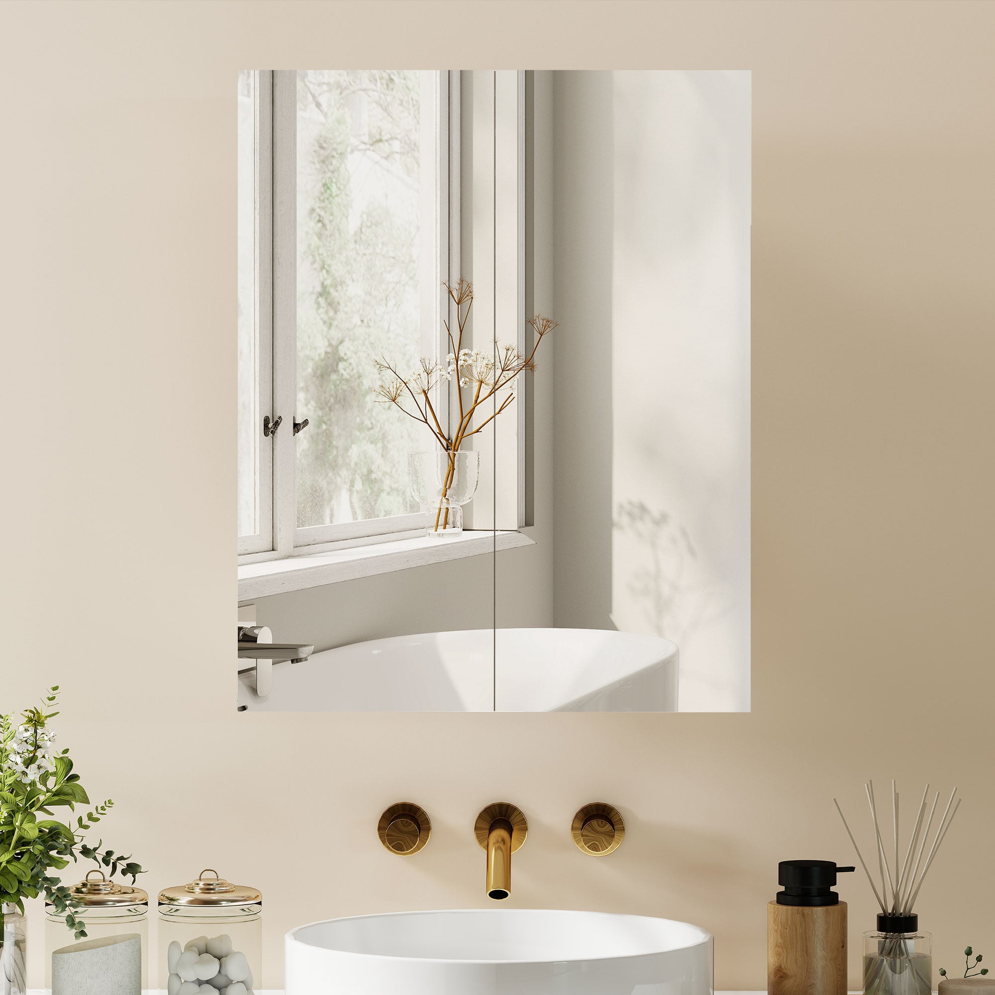 Bathroom Mirror Cabinet, 3-Tier Wall Mount Bathroom Storage Cabinet with Soft-Close Hinges and Adjustable Shelf, Double Door Cupboard, 60W x 15D x 75H cm, White