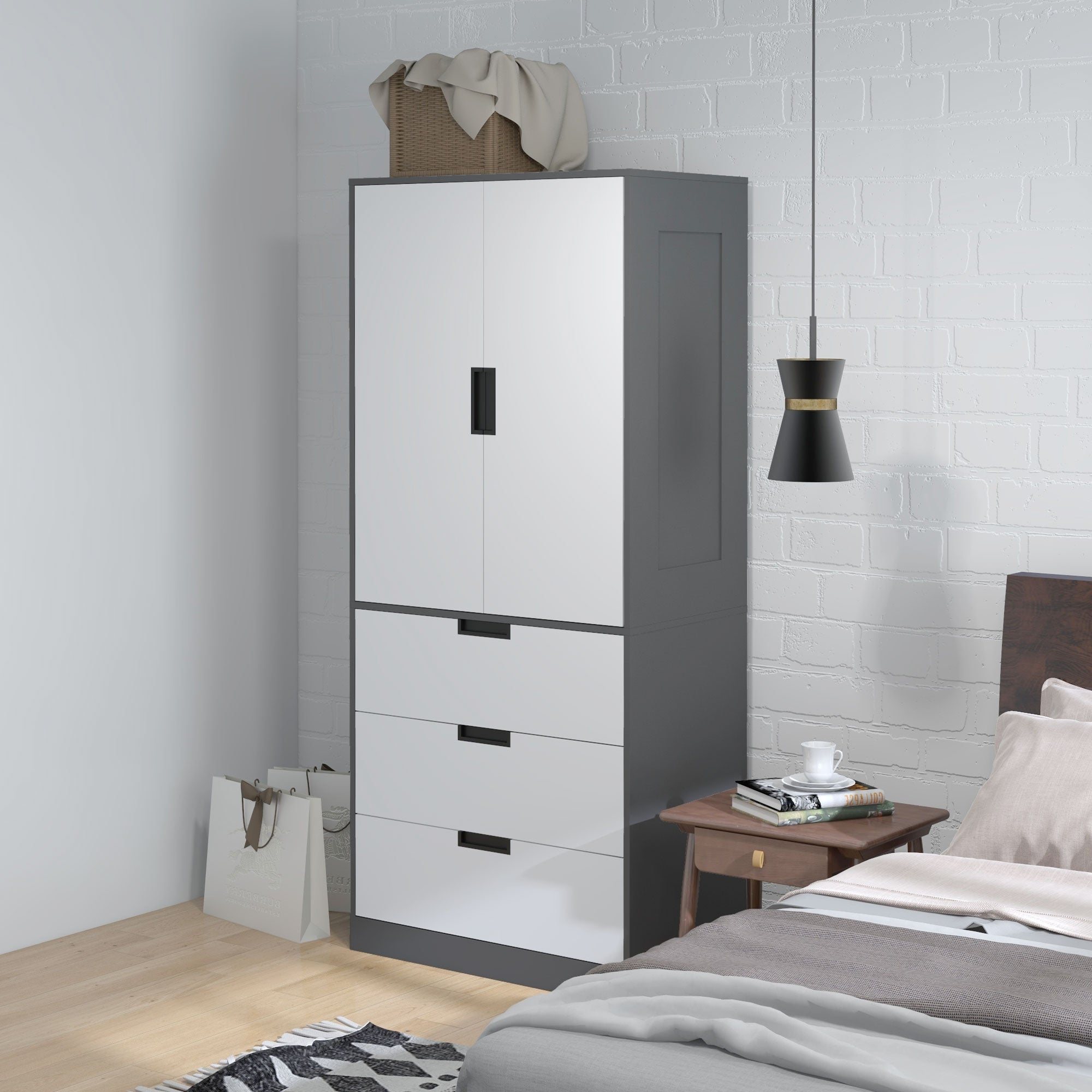 HOMCOM 3 Drawer 2 Door Wardrobe, Modern Clothes Storage Cupboard Unit with Hanging Rod, Bedroom Wardrobe with Soft Closing Hinge, 50D x 80W x 180H,Grey