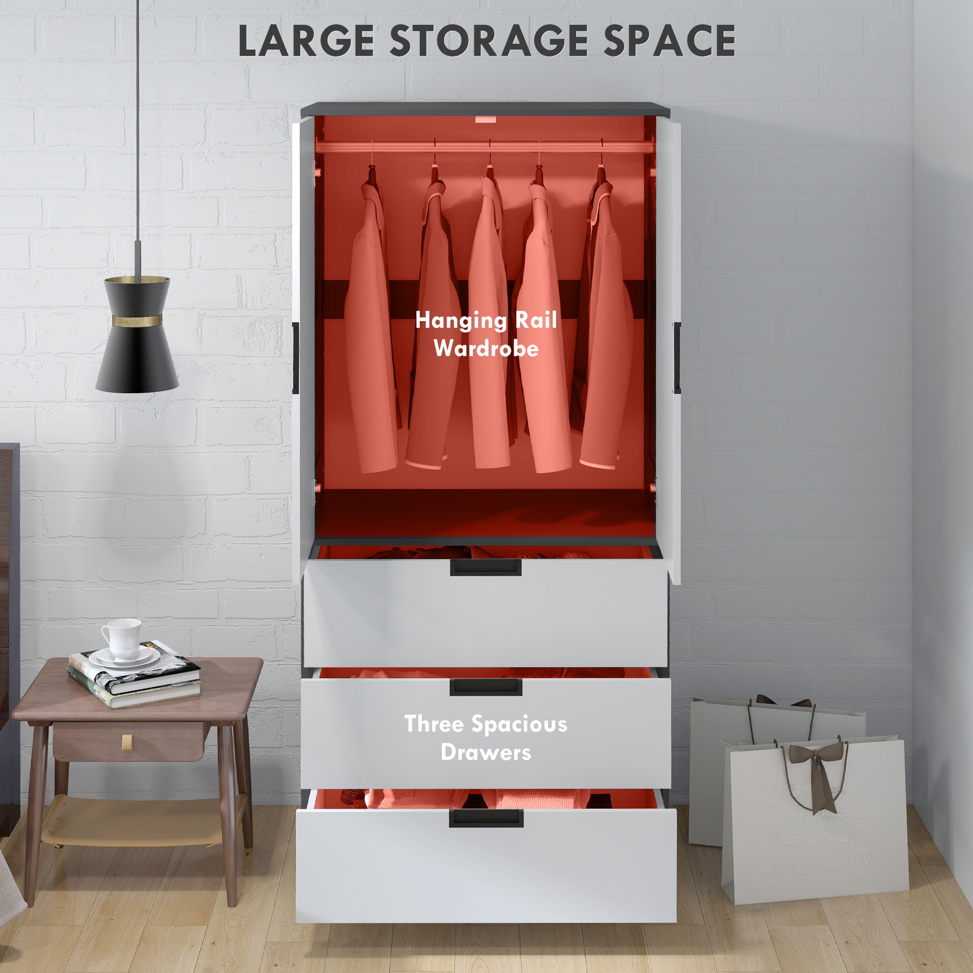 HOMCOM 3 Drawer 2 Door Wardrobe, Modern Clothes Storage Cupboard Unit with Hanging Rod, Bedroom Wardrobe with Soft Closing Hinge, 50D x 80W x 180H,Grey