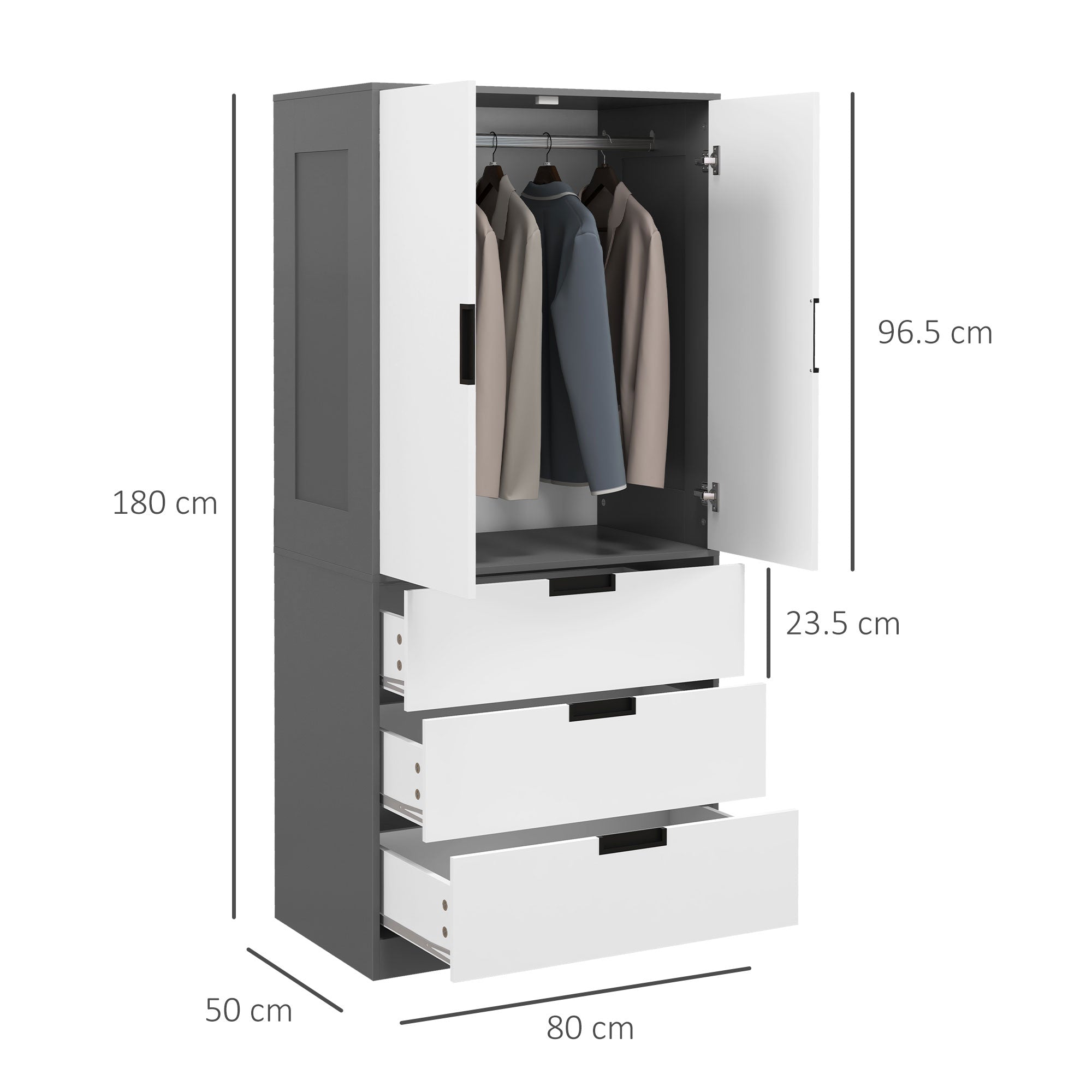 HOMCOM 3 Drawer 2 Door Wardrobe, Modern Clothes Storage Cupboard Unit with Hanging Rod, Bedroom Wardrobe with Soft Closing Hinge, 50D x 80W x 180H,Grey