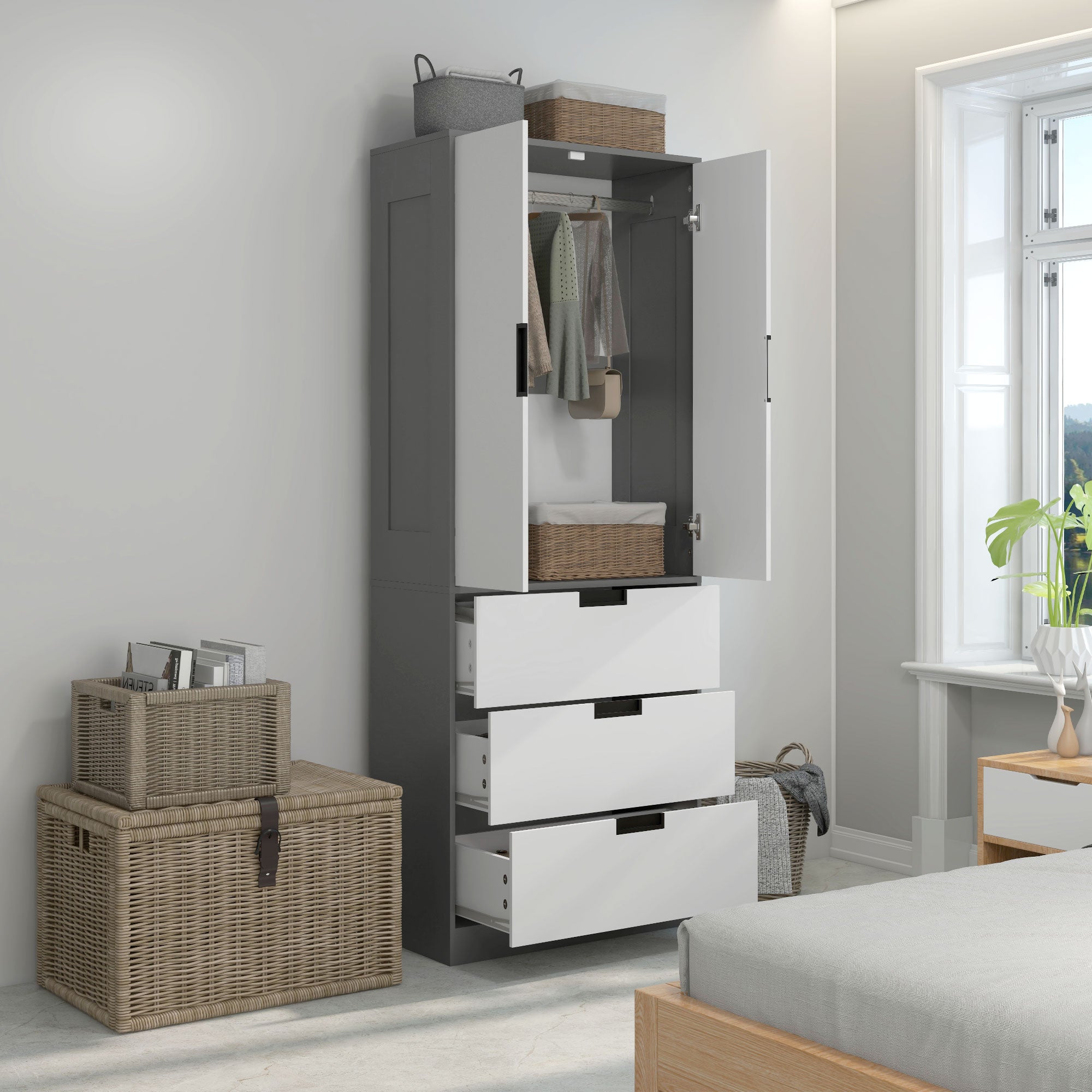 HOMCOM 3 Drawer 2 Door Wardrobe, Modern Clothes Storage Cupboard Unit with Hanging Rod, Bedroom Wardrobe with Soft Closing Hinge, 50D x 80W x 180H,Grey