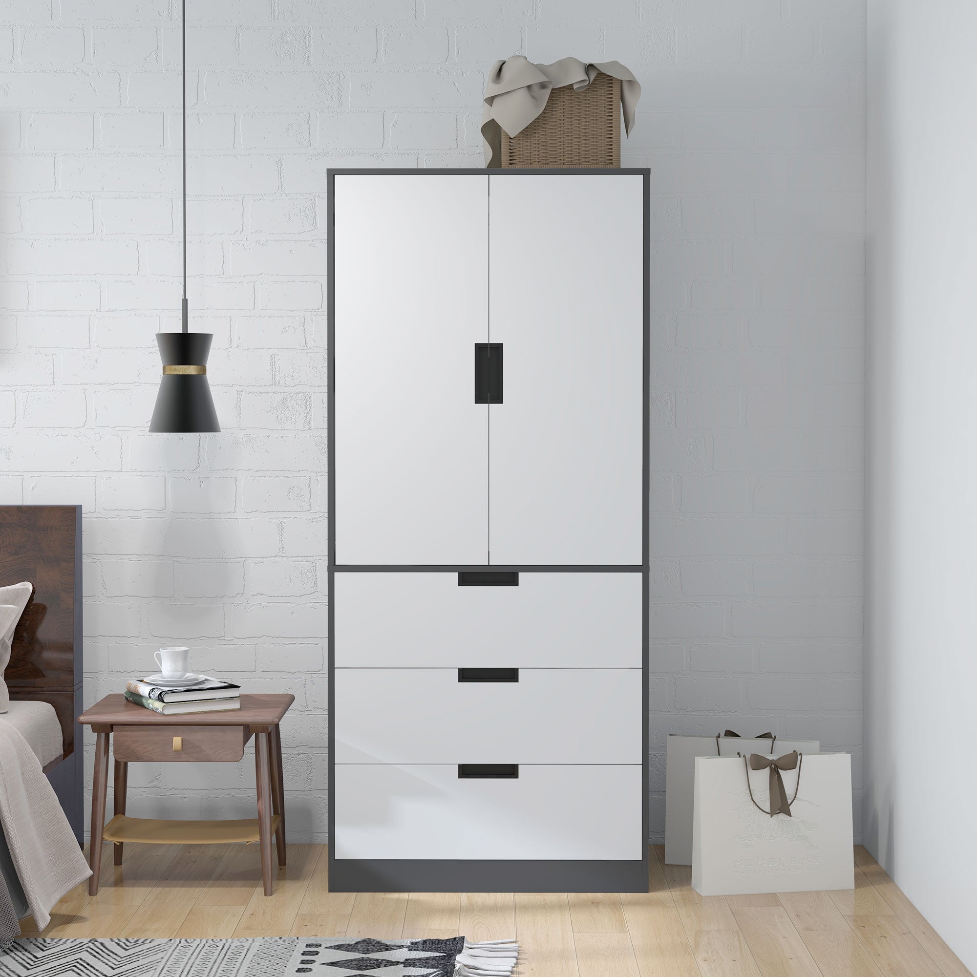 HOMCOM 3 Drawer 2 Door Wardrobe, Modern Clothes Storage Cupboard Unit with Hanging Rod, Bedroom Wardrobe with Soft Closing Hinge, 50D x 80W x 180H,Grey