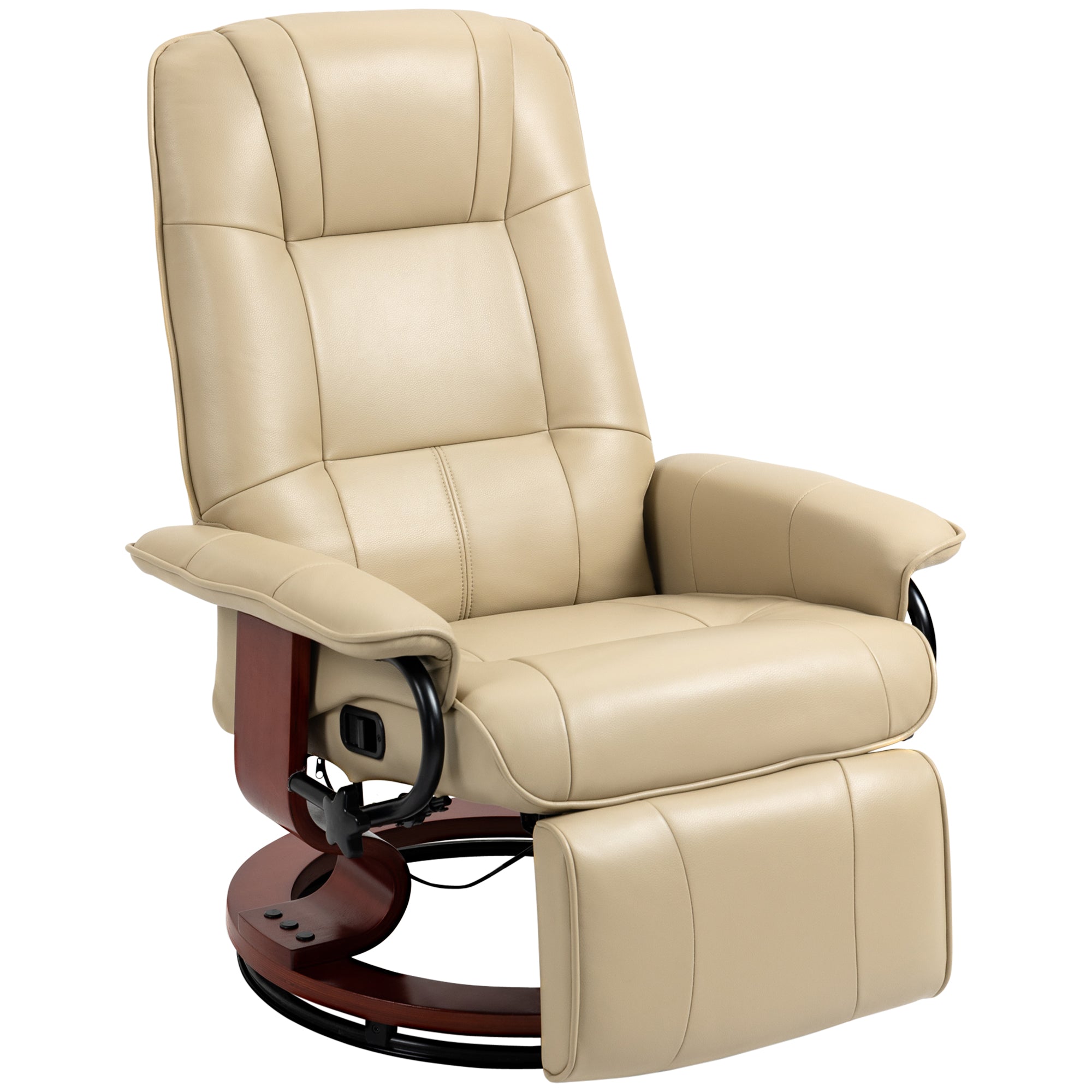 Faux Leather Manual Recliner, Adjustable Swivel Lounge Chair with Footrest, Armrest and Wrapped Wood Base for Living Room, Cream White