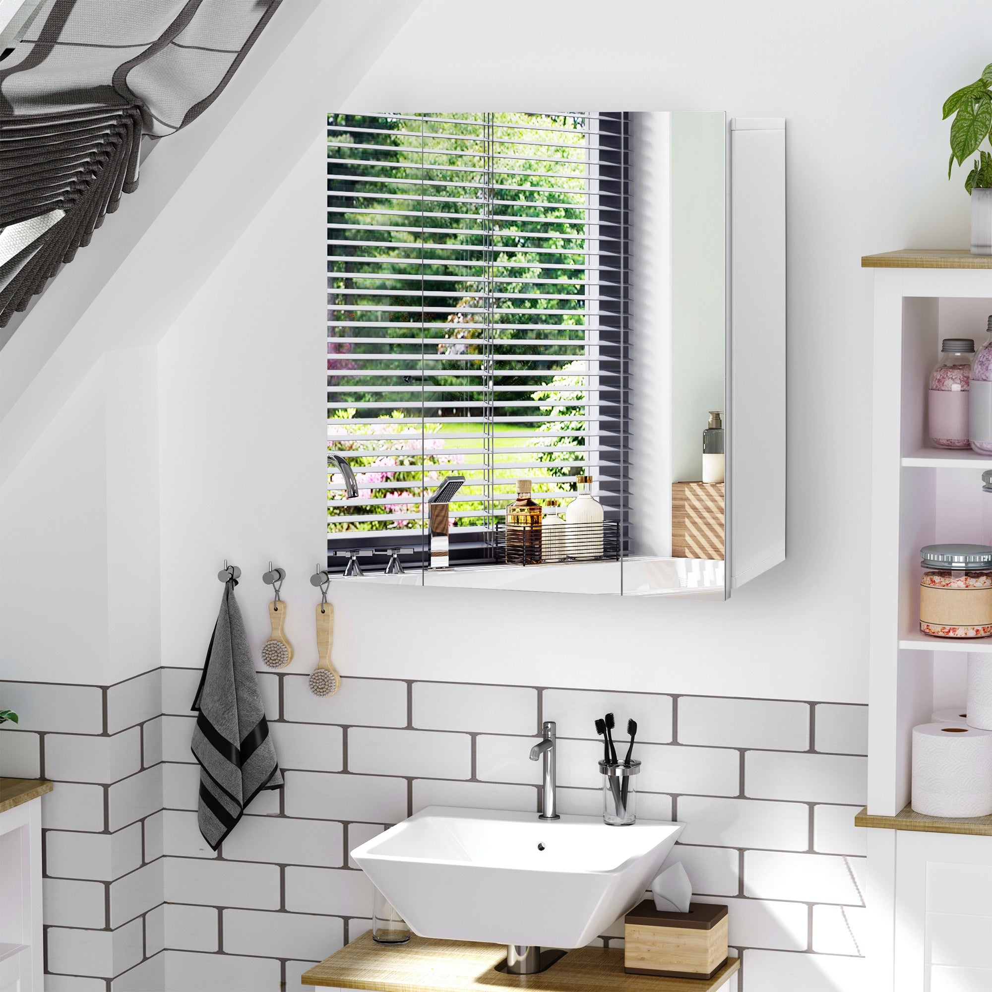 kleankin 28" x 24" Medicine Cabinet, Wall Mounted Bathroom Mirror Cabinet with Mirrored Doors, Adjustable Shelves and Soft Close Mechanism, White
