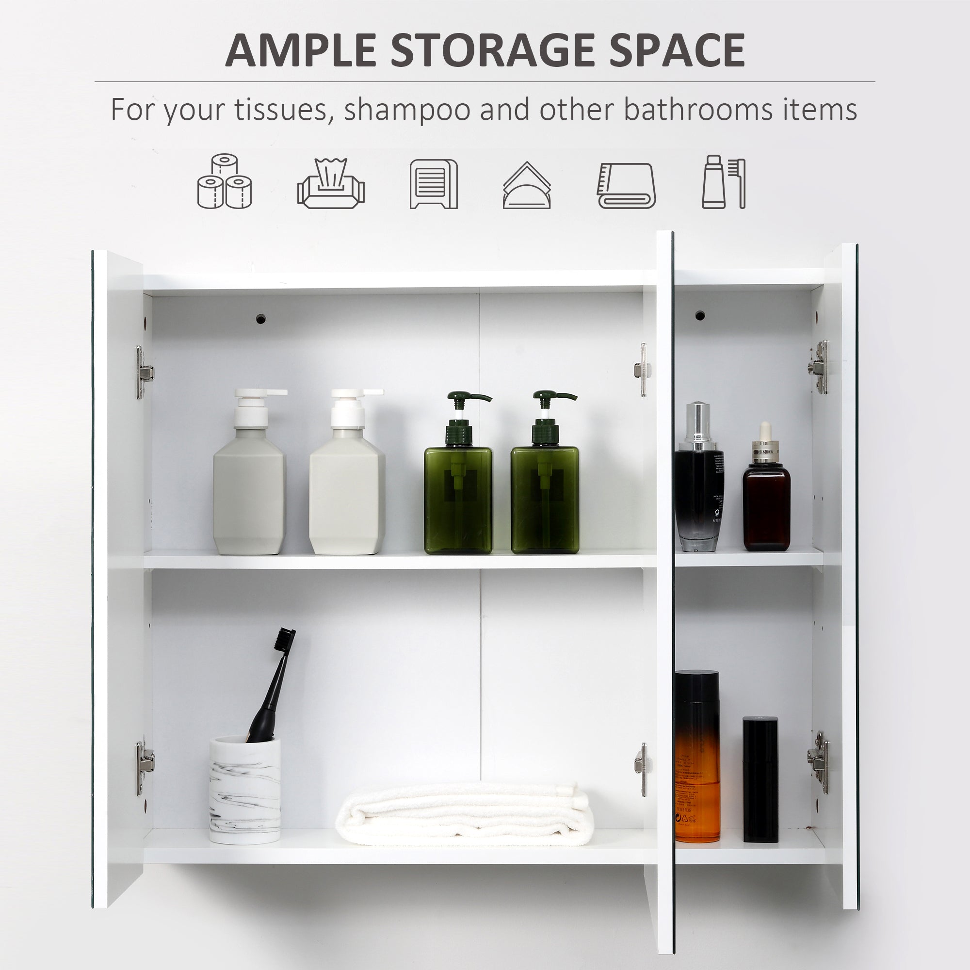 kleankin 28" x 24" Medicine Cabinet, Wall Mounted Bathroom Mirror Cabinet with Mirrored Doors, Adjustable Shelves and Soft Close Mechanism, White