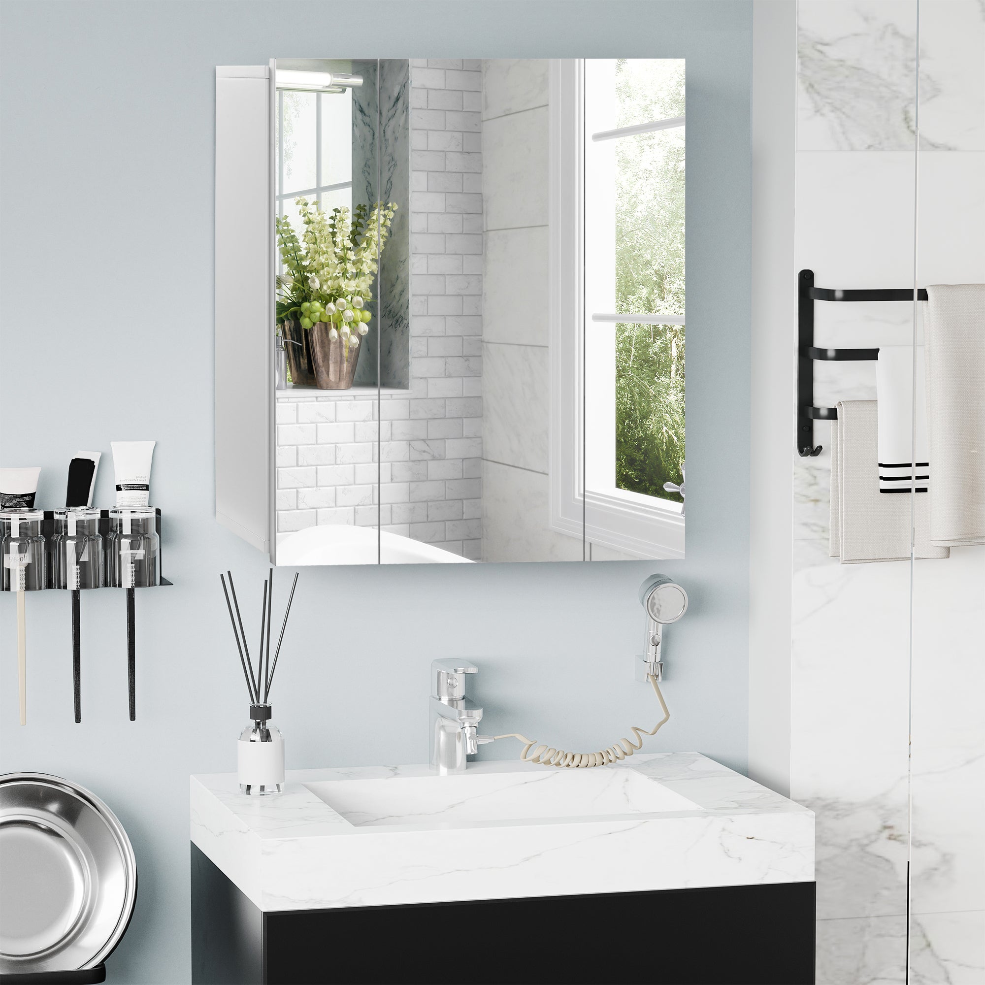 kleankin 28" x 24" Medicine Cabinet, Wall Mounted Bathroom Mirror Cabinet with Mirrored Doors, Adjustable Shelves and Soft Close Mechanism, White