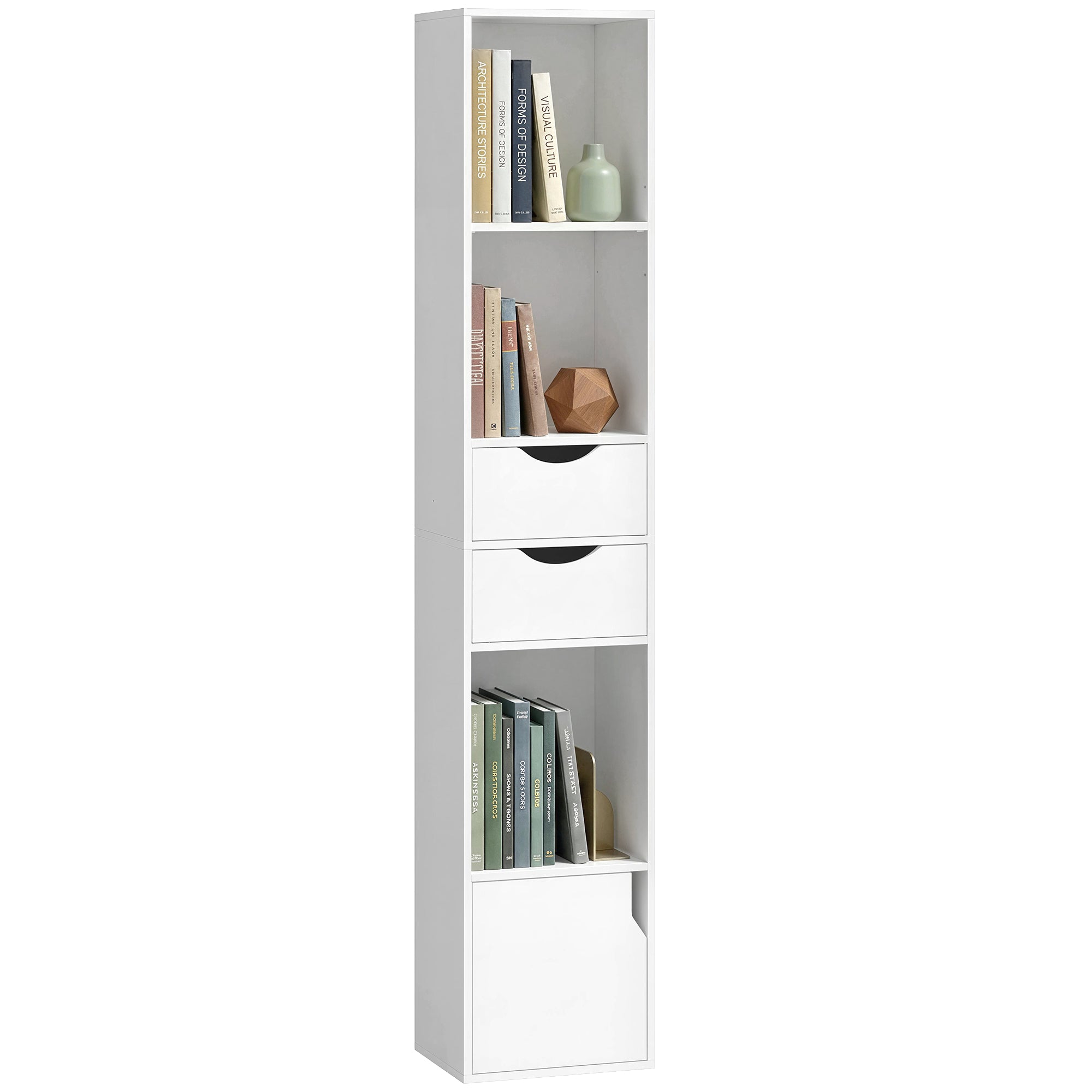 158 cm Bookcase with Drawers, 3-Tier Bookshelf, Slim Storage Cabinet with Doors, Adjustable Shelf for Living Room, Bedroom, Home Office, White