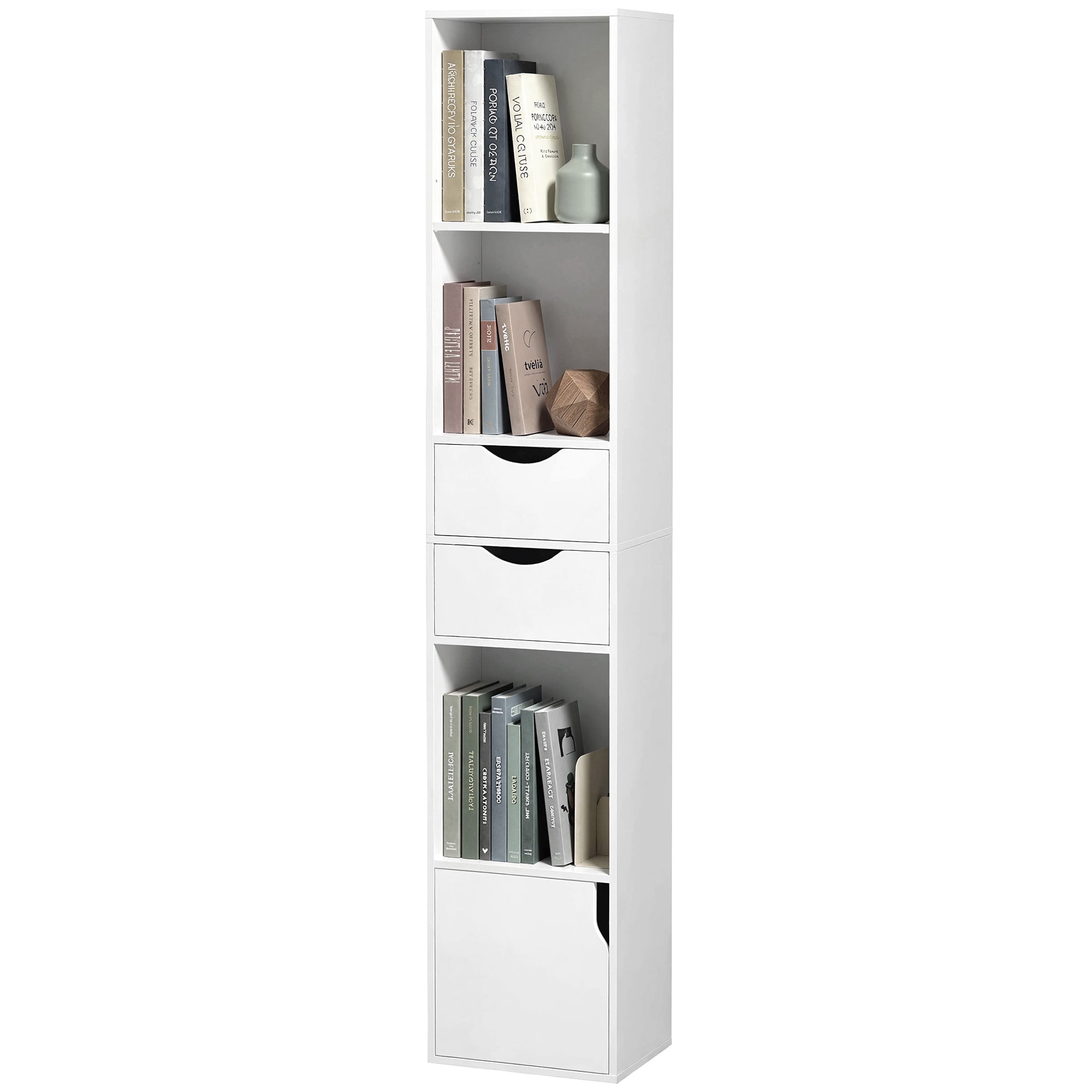 158 cm Bookcase with Drawers, 3-Tier Bookshelf, Slim Storage Cabinet with Doors, Adjustable Shelf for Living Room, Bedroom, Home Office, White