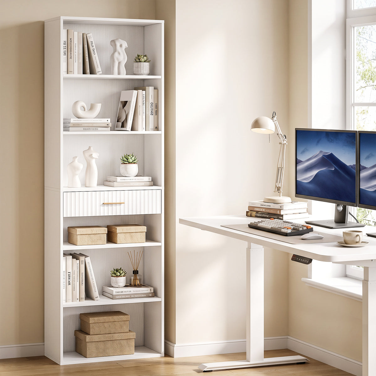 Tall Bookcase with Cubes, 7-Tier Bookshelf with Drawer, Freestanding Shelving Unit, 60 x 24 x 182 cm, Space-Saving for Study, Home Office, Living Room, White