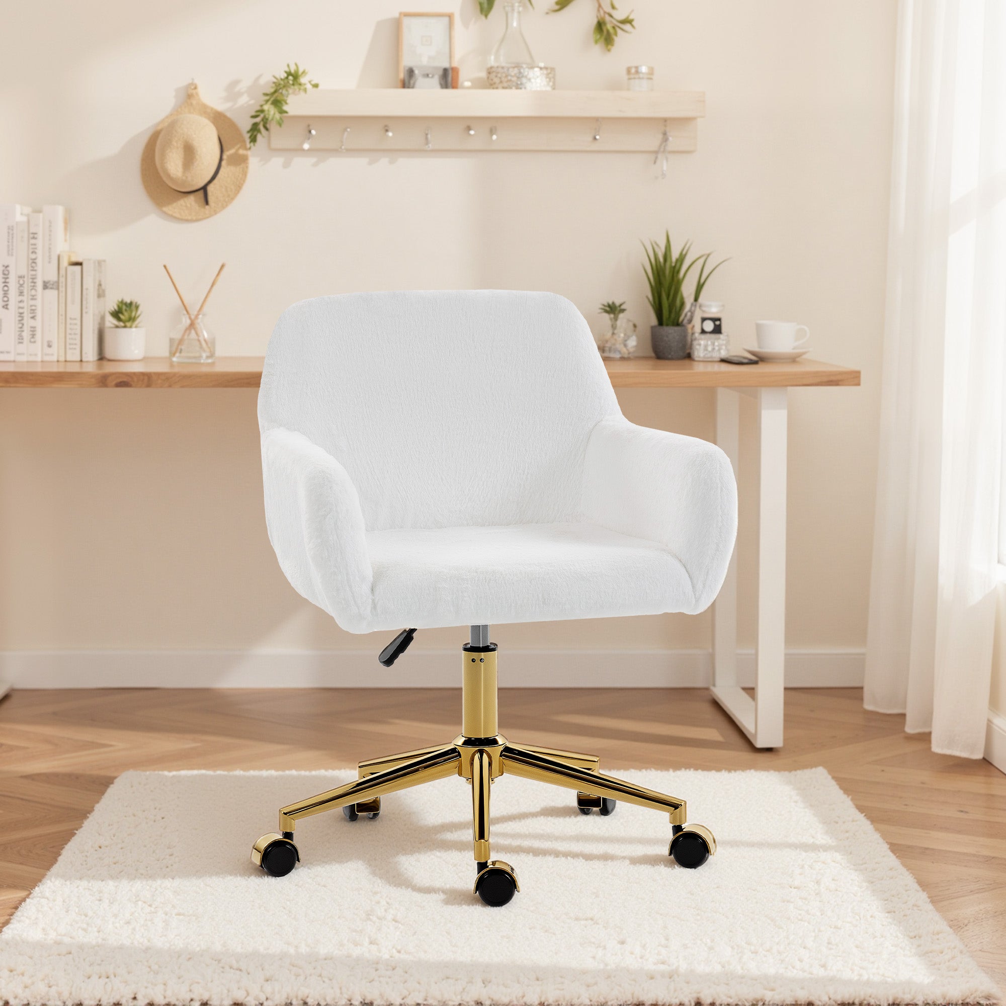 Swivel Office Chair, Faux Rabbit Fur Upholstered Vanity Desk Chair with Adjustable Height, Armrests and Wheels for Office, Makeup, Dressing Table, Cream White