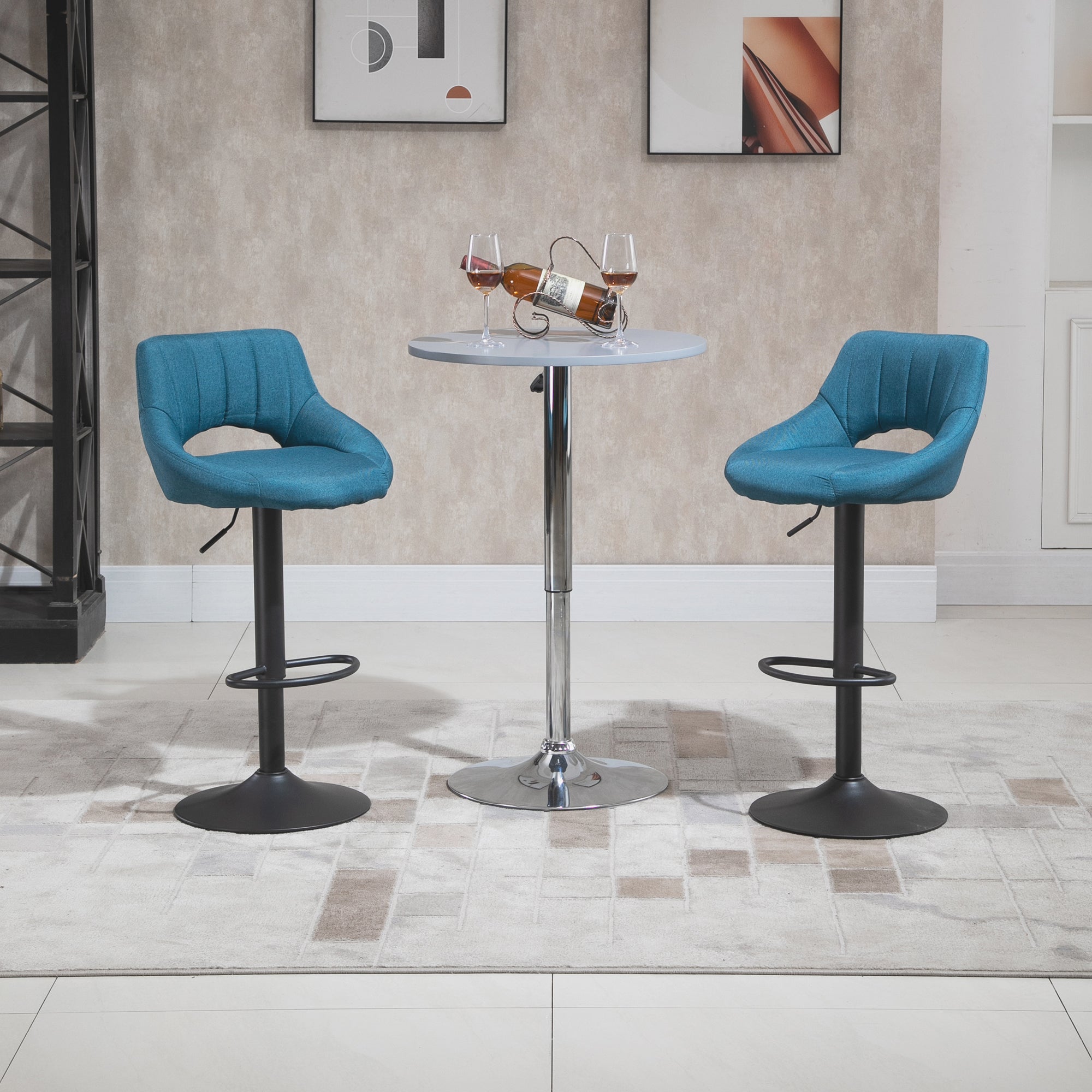 HOMCOM Bar Stools Set of 2, Swivel Counter Height Barstools with Adjustable Height, Linen Upholstered Bar Chairs with Round Metal Base and Footrest, Blue