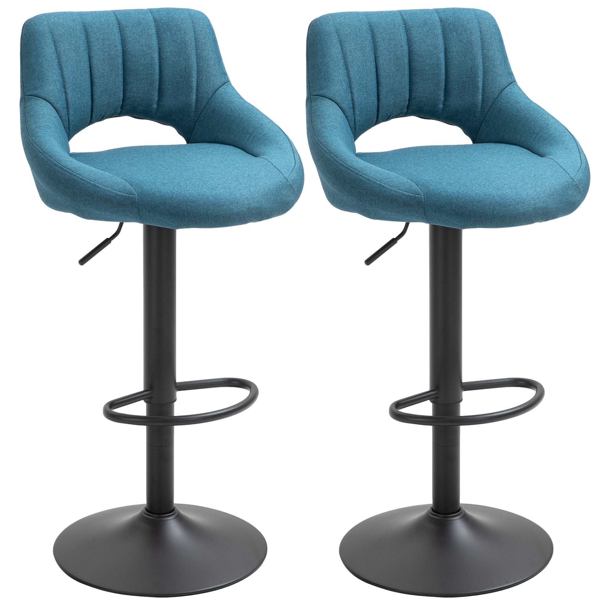 HOMCOM Bar Stools Set of 2, Swivel Counter Height Barstools with Adjustable Height, Linen Upholstered Bar Chairs with Round Metal Base and Footrest, Blue