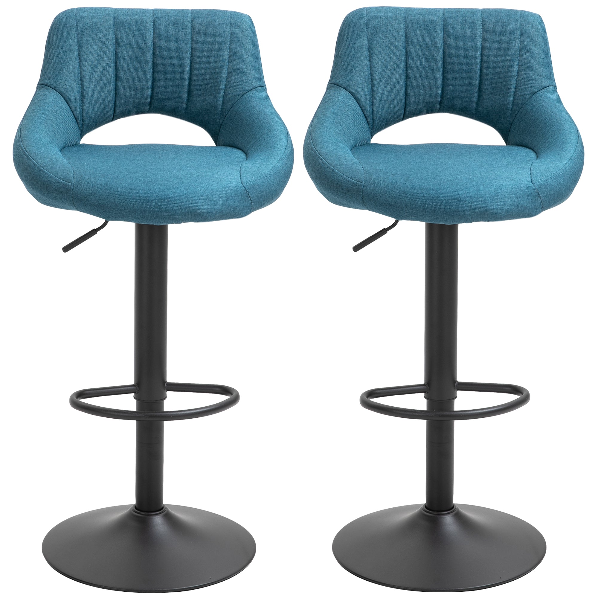 HOMCOM Bar Stools Set of 2, Swivel Counter Height Barstools with Adjustable Height, Linen Upholstered Bar Chairs with Round Metal Base and Footrest, Blue