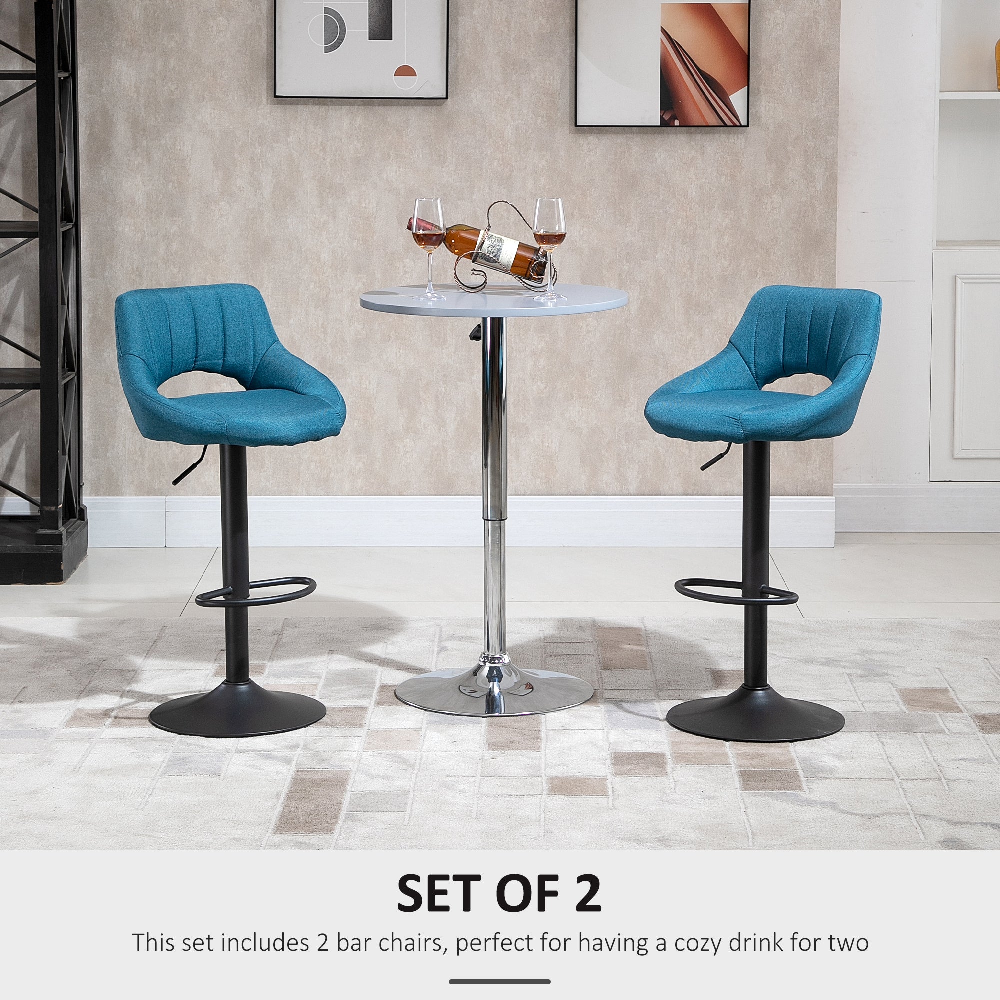 HOMCOM Bar Stools Set of 2, Swivel Counter Height Barstools with Adjustable Height, Linen Upholstered Bar Chairs with Round Metal Base and Footrest, Blue