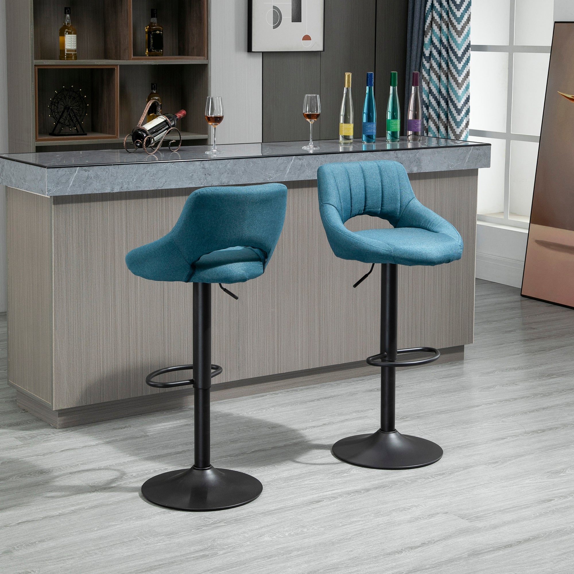 HOMCOM Bar Stools Set of 2, Swivel Counter Height Barstools with Adjustable Height, Linen Upholstered Bar Chairs with Round Metal Base and Footrest, Blue