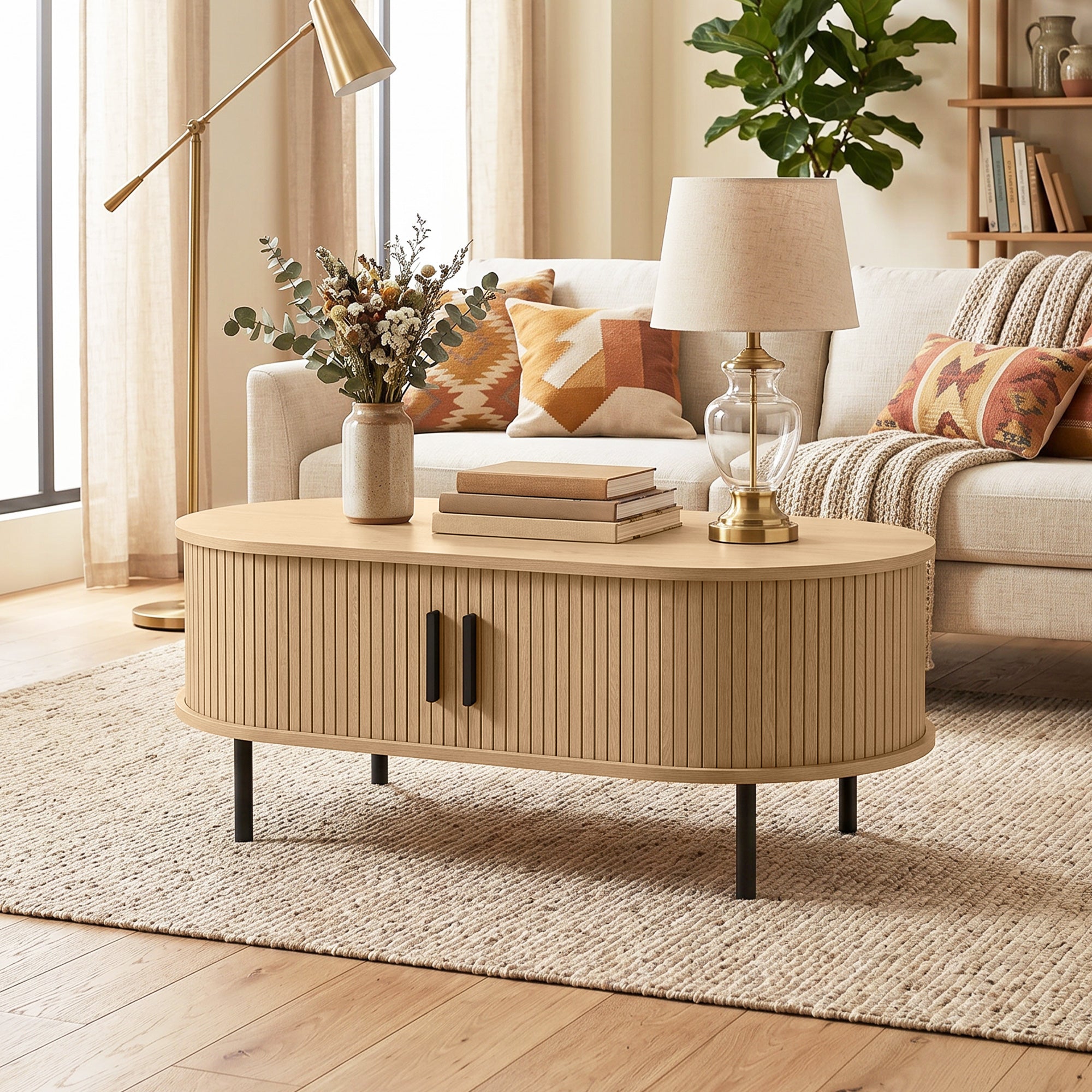 Mid-Century Modern Coffee Table, Center Table for Living Room with Storage, Sliding Tambour Doors, Rounded Edges and Metal Legs, Natural Wood Effect