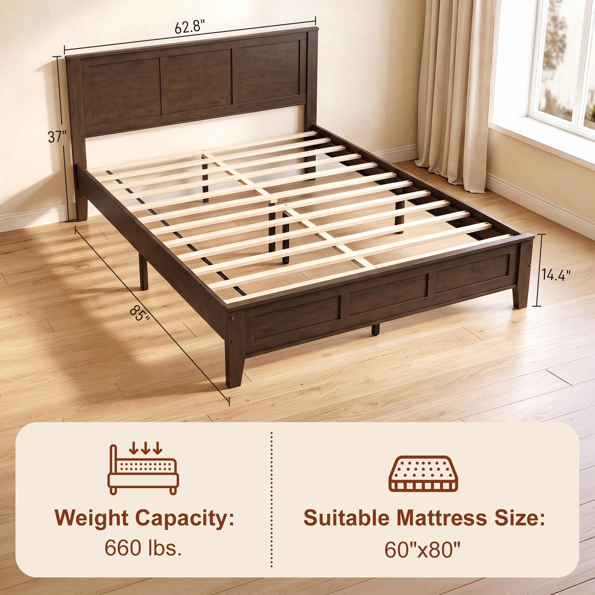 Queen Size Wood Platform Bed Frame with Headboard and Footboard, Mid-Century Bed Frame with Slat Support, Mattress Foundation with Under-Bed Storage, No Box Spring Needed, Easy Assembly, Walnut