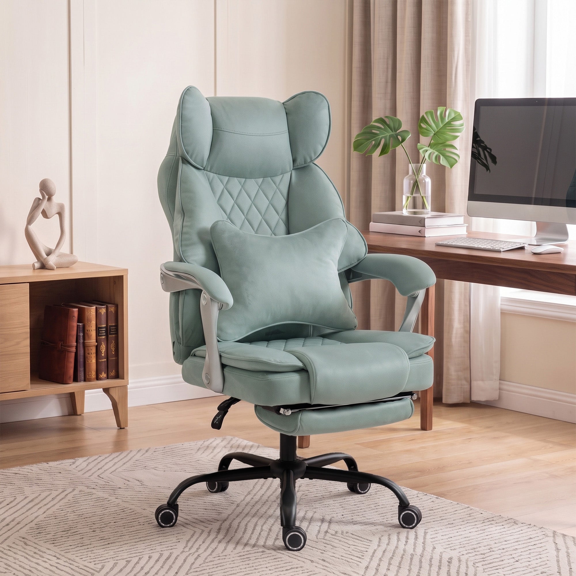 Executive Office Chair with Footrest, 180kg 400lb Big and Tall Leathaire Desk Chair with Wide Seat, Reclining Back, Lumbar Support, Built-in Headrest, Class 4 Gas Lift, Swivel Wheel, Blue