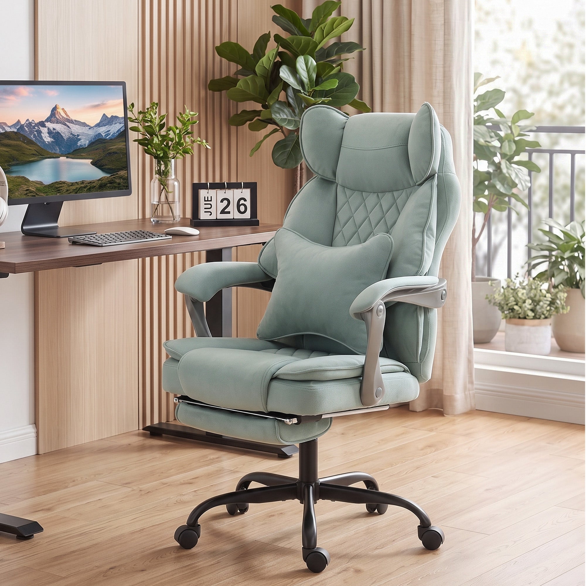 Executive Office Chair with Footrest, 180kg 400lb Big and Tall Leathaire Desk Chair with Wide Seat, Reclining Back, Lumbar Support, Built-in Headrest, Class 4 Gas Lift, Swivel Wheel, Blue