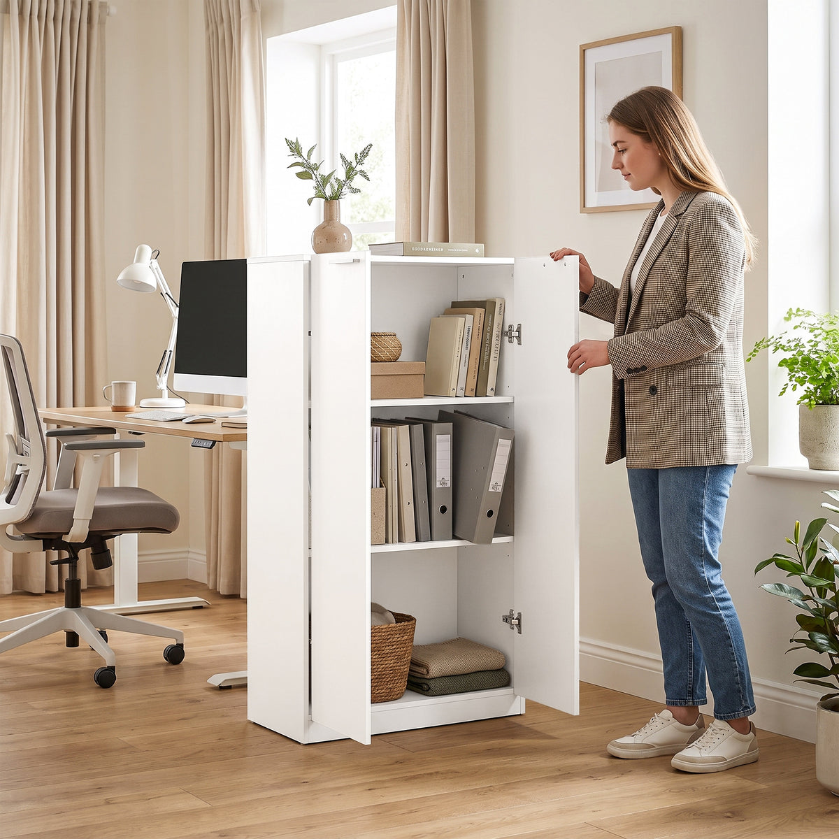120 cm Tall Storage Cabinet Cupboard, 3-Tier File Organiser Wooden Filing Cabinet, Soft-Close Hinges, for Tool Garage Storage, Home Office, Study, Living Room, White