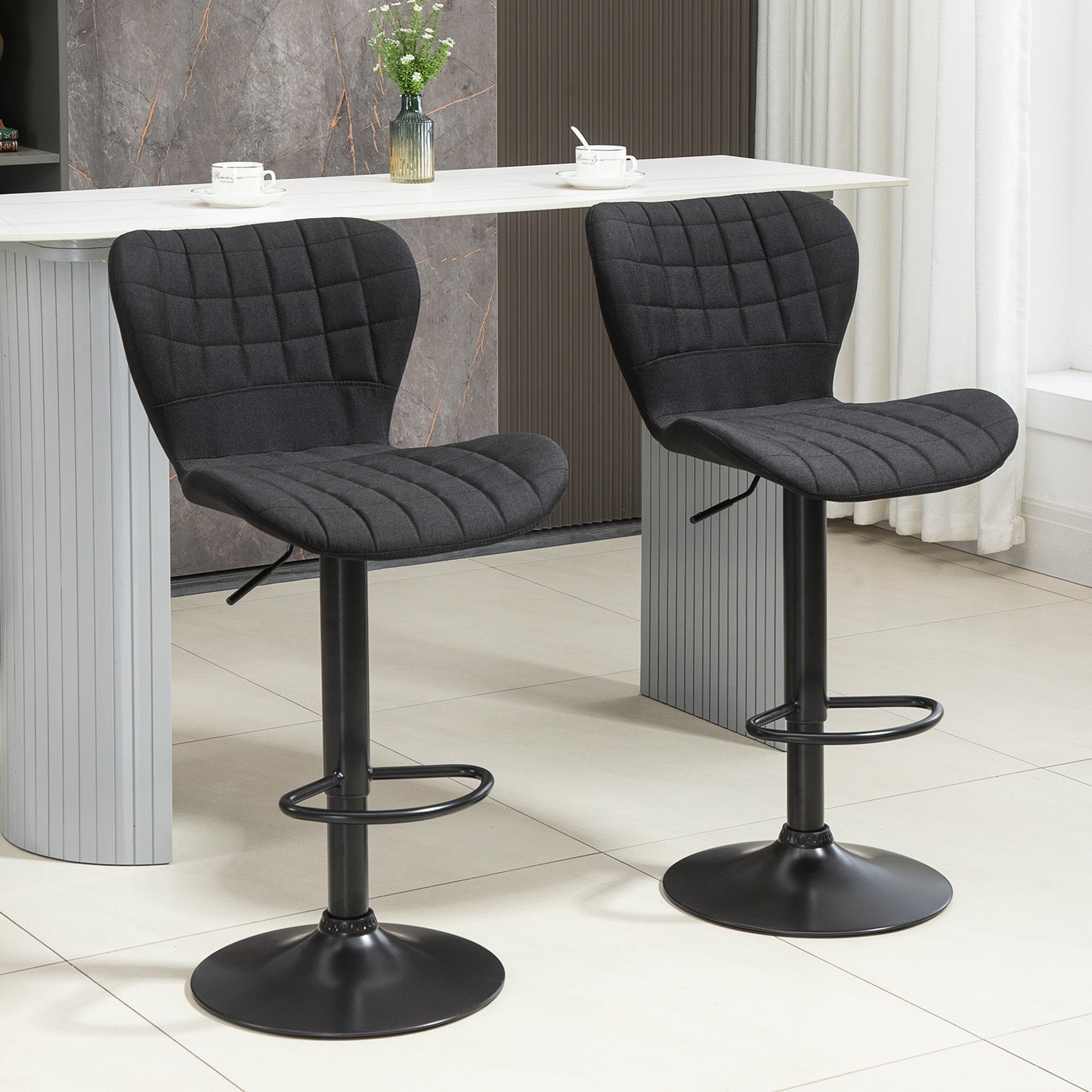 HOMCOM Bar Stools Set of 2, Adjustable Height Swivel Bar Chairs, Linen-feel Fabric Upholstered Kitchen Counter Stools with Wide Seat, Back and Footrest, Black