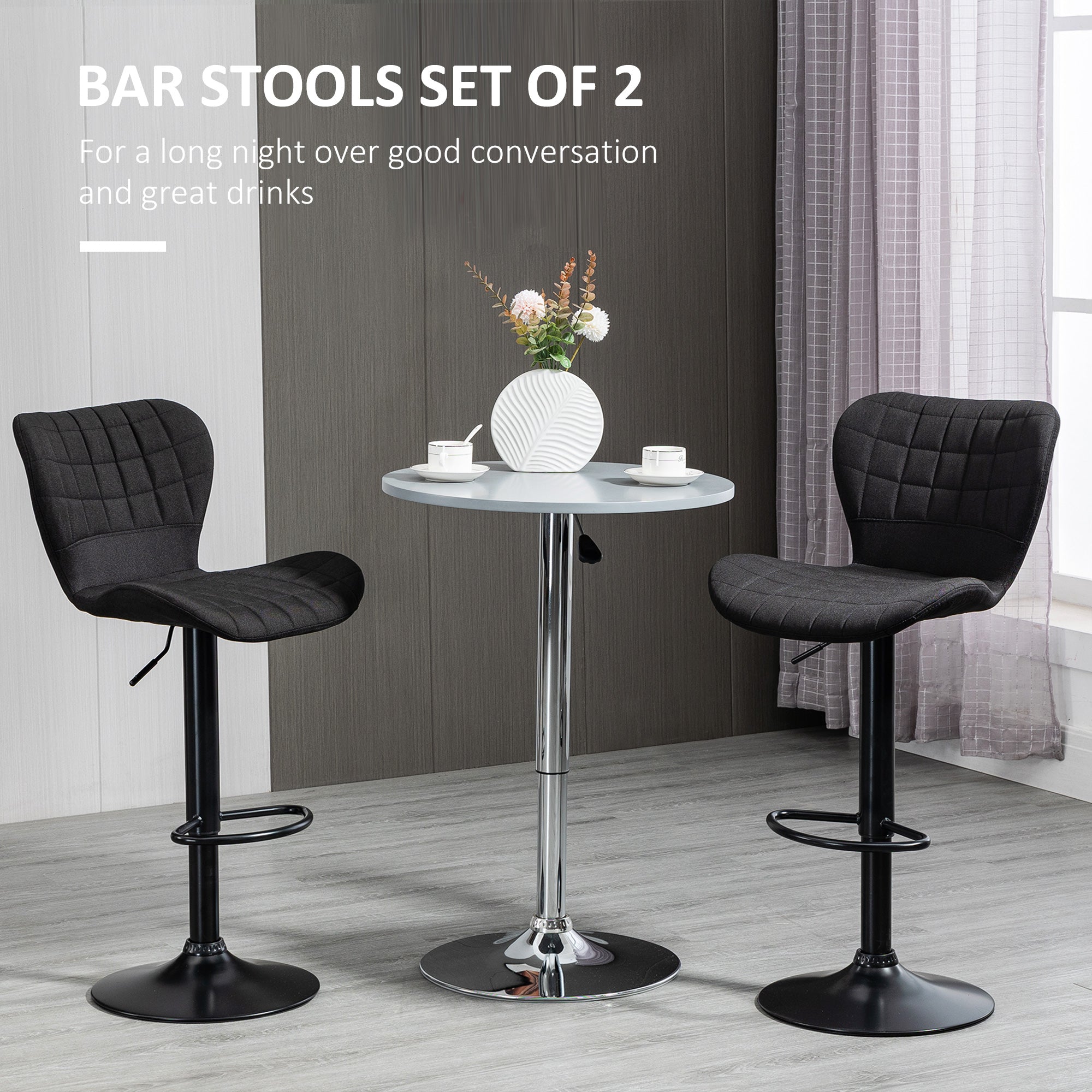 HOMCOM Bar Stools Set of 2, Adjustable Height Swivel Bar Chairs, Linen-feel Fabric Upholstered Kitchen Counter Stools with Wide Seat, Back and Footrest, Black