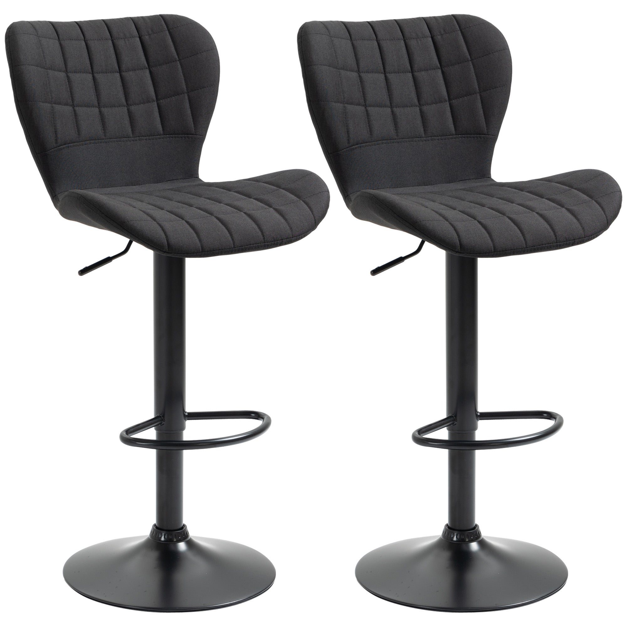 HOMCOM Bar Stools Set of 2, Adjustable Height Swivel Bar Chairs, Linen-feel Fabric Upholstered Kitchen Counter Stools with Wide Seat, Back and Footrest, Black