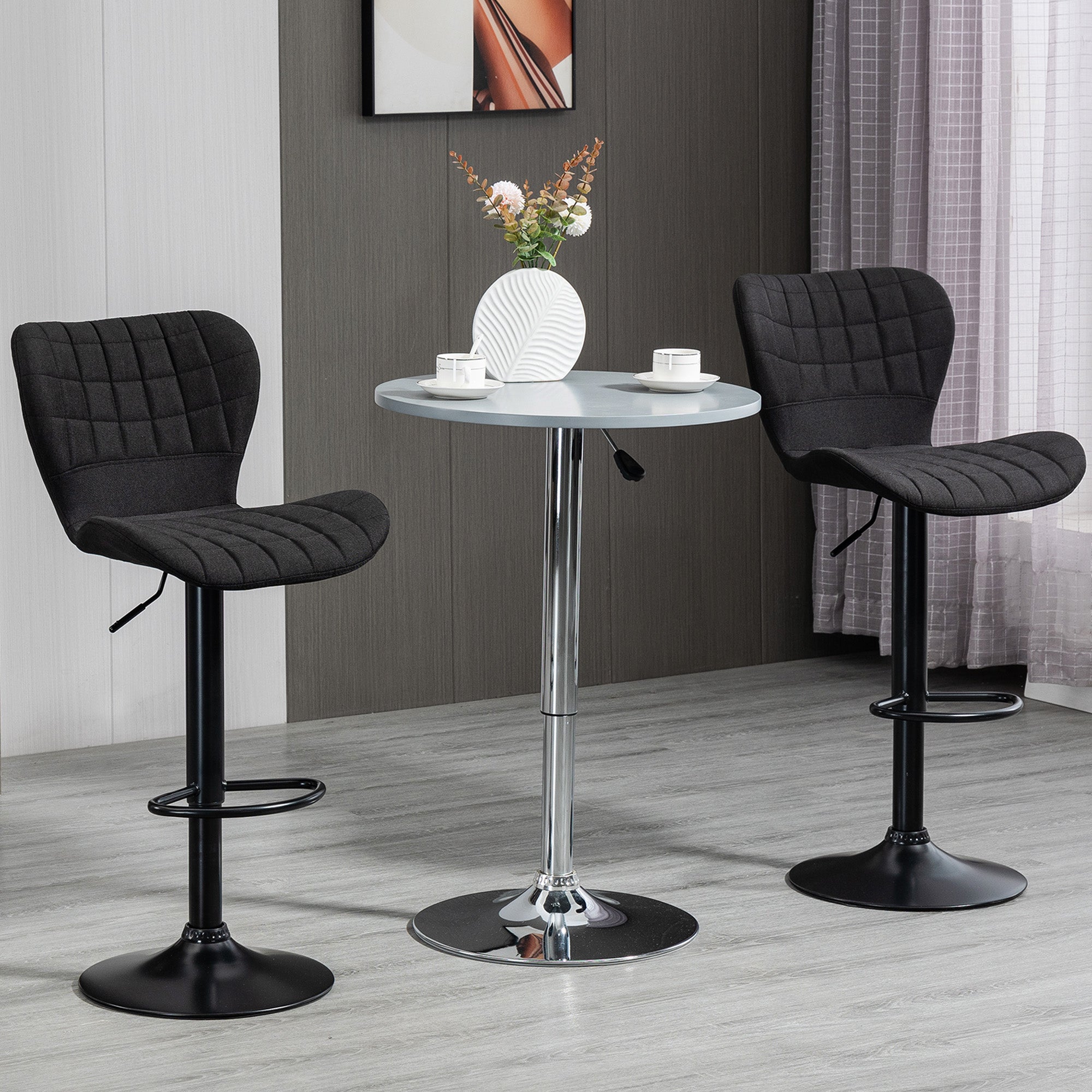 HOMCOM Bar Stools Set of 2, Adjustable Height Swivel Bar Chairs, Linen-feel Fabric Upholstered Kitchen Counter Stools with Wide Seat, Back and Footrest, Black