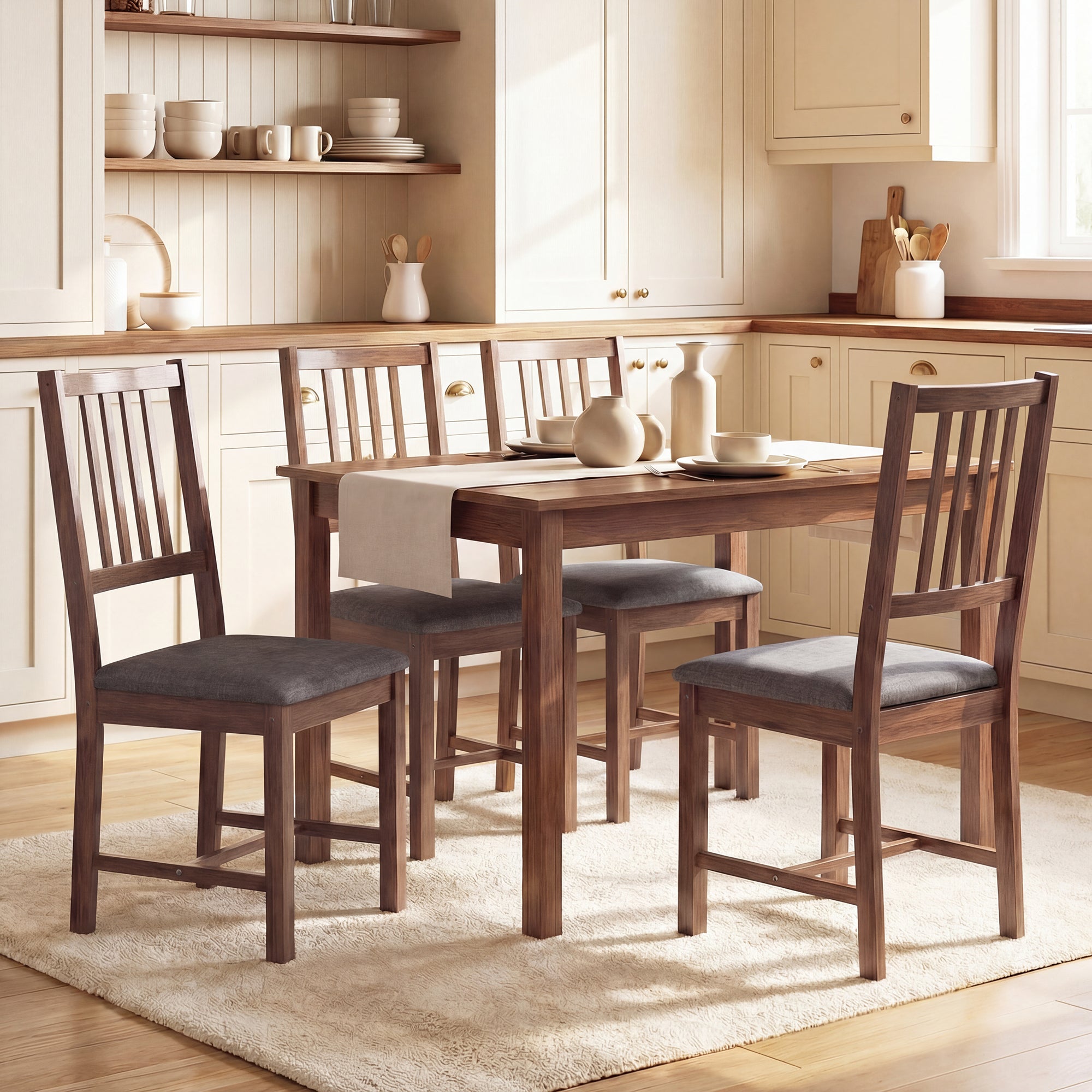 Wooden Dining Chairs Set of 4, Mid-Century Modern Upholstered Kitchen Chairs with Slat Backrest, Rubberwood Legs and Padded Seat for Dining Room, Living Room, Gray