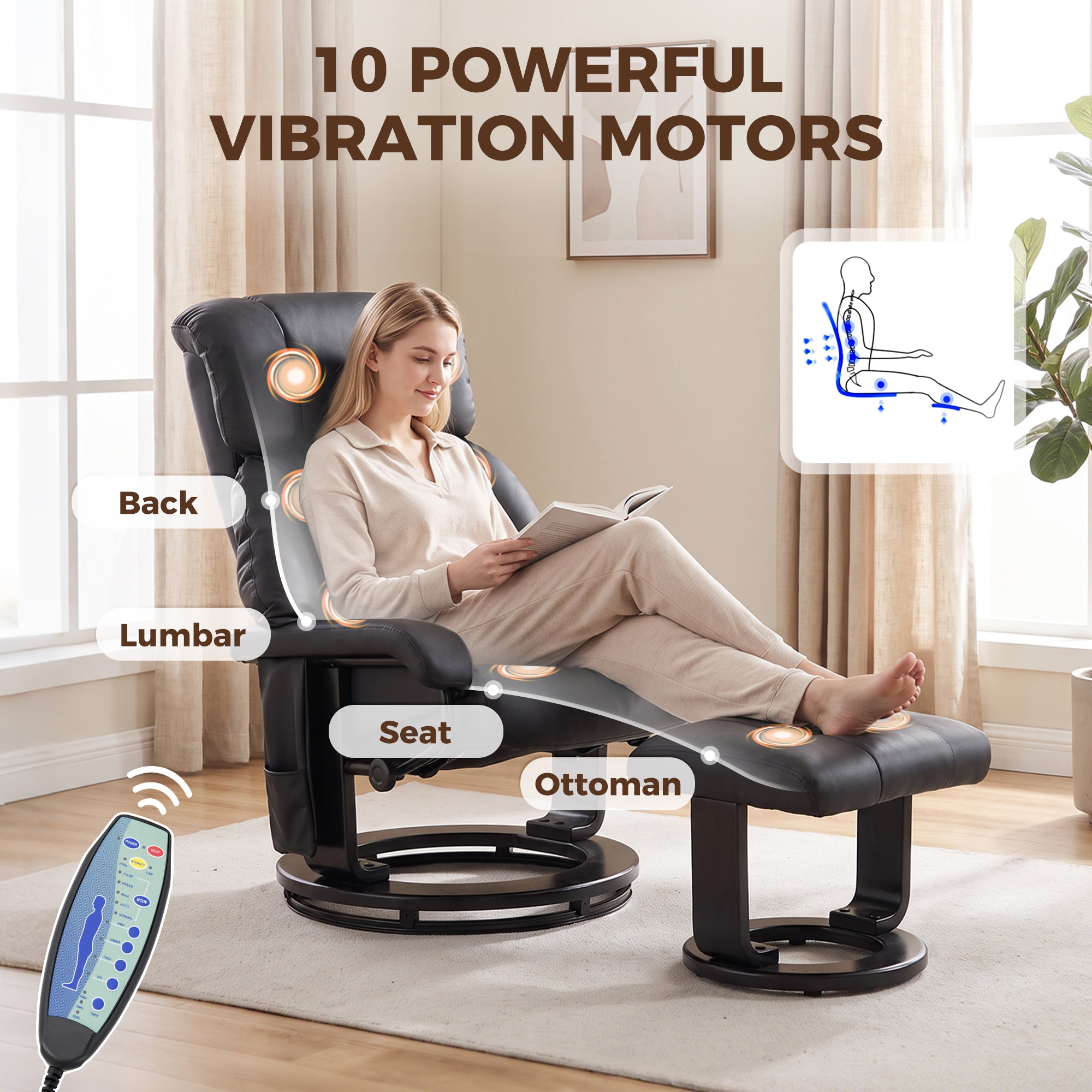 Massage Recliner Chair with Ottoman, 360° Swivel Recliner and Footstool, 10-Point Vibration, PU Leather Reclining Chair with Remote Control, Black