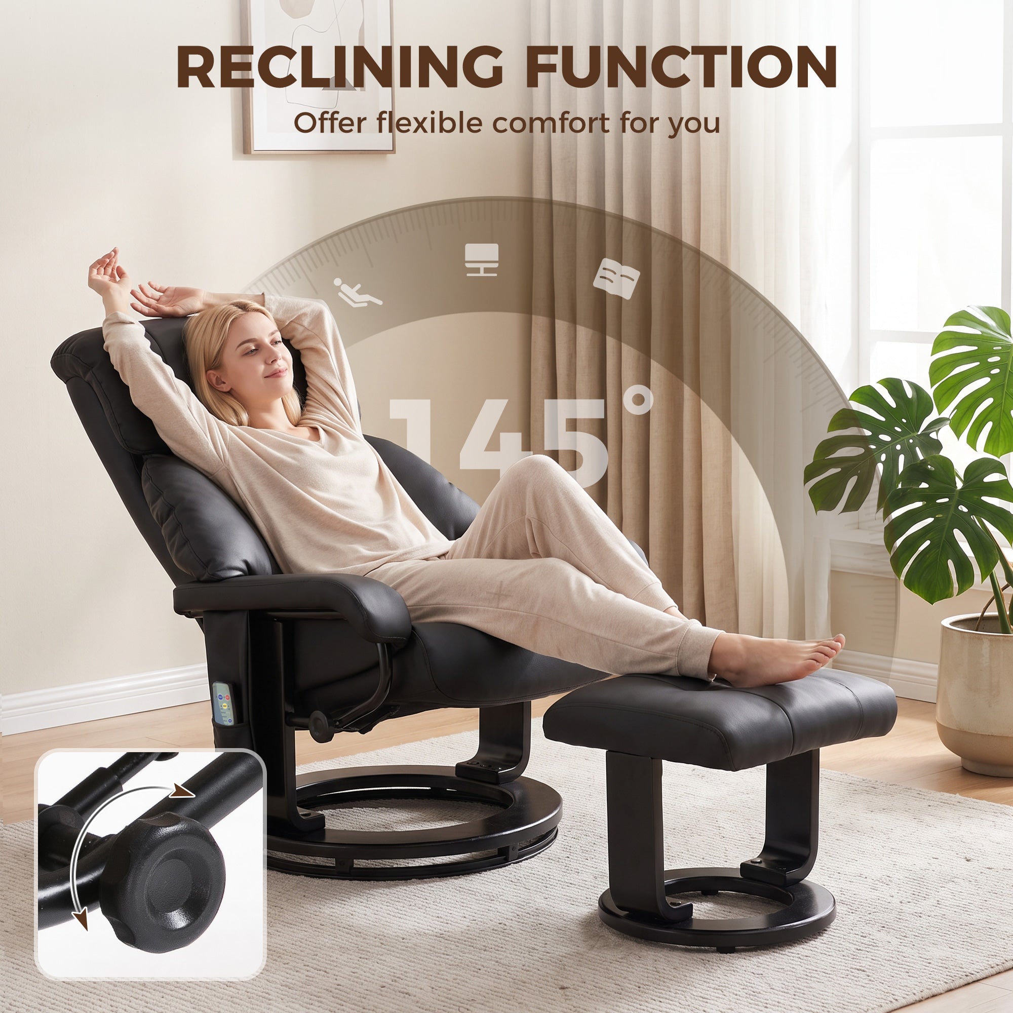 Massage Recliner Chair with Ottoman, 360° Swivel Recliner and Footstool, 10-Point Vibration, PU Leather Reclining Chair with Remote Control, Black