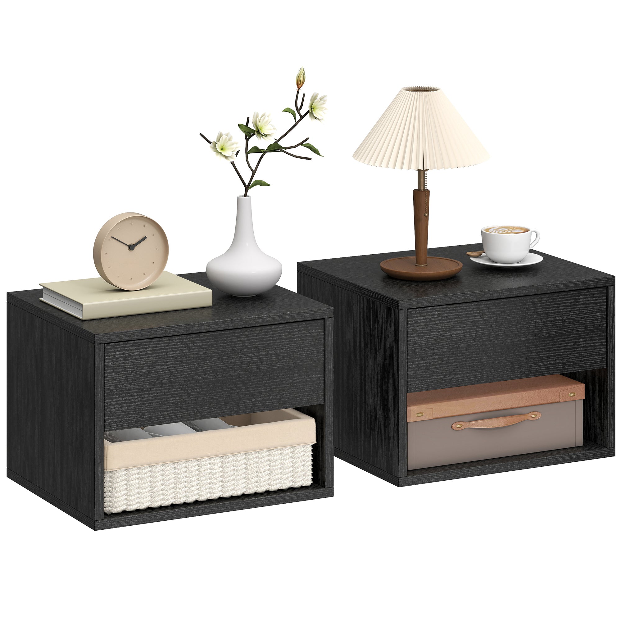 Floating Nightstand Set of 2, Wall Mounted Bedside Table with Drawer and Shelf, End Table for Bedroom, Black
