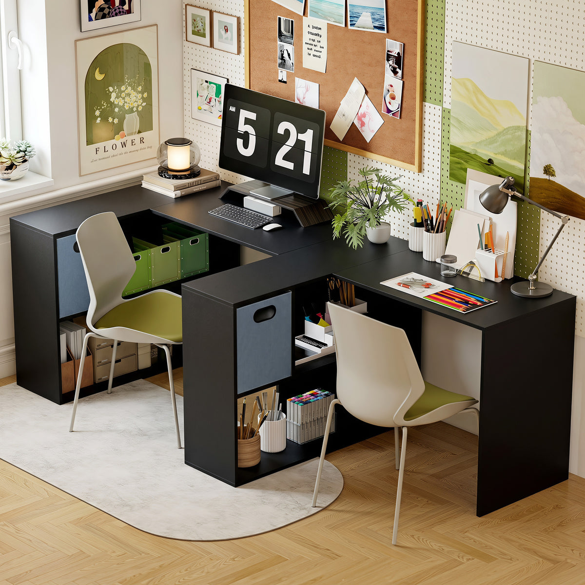 110 cm L-Shaped Desk, Small Computer Desk with Fabric Drawer and Storage Shelves for Home Office, Study, Black