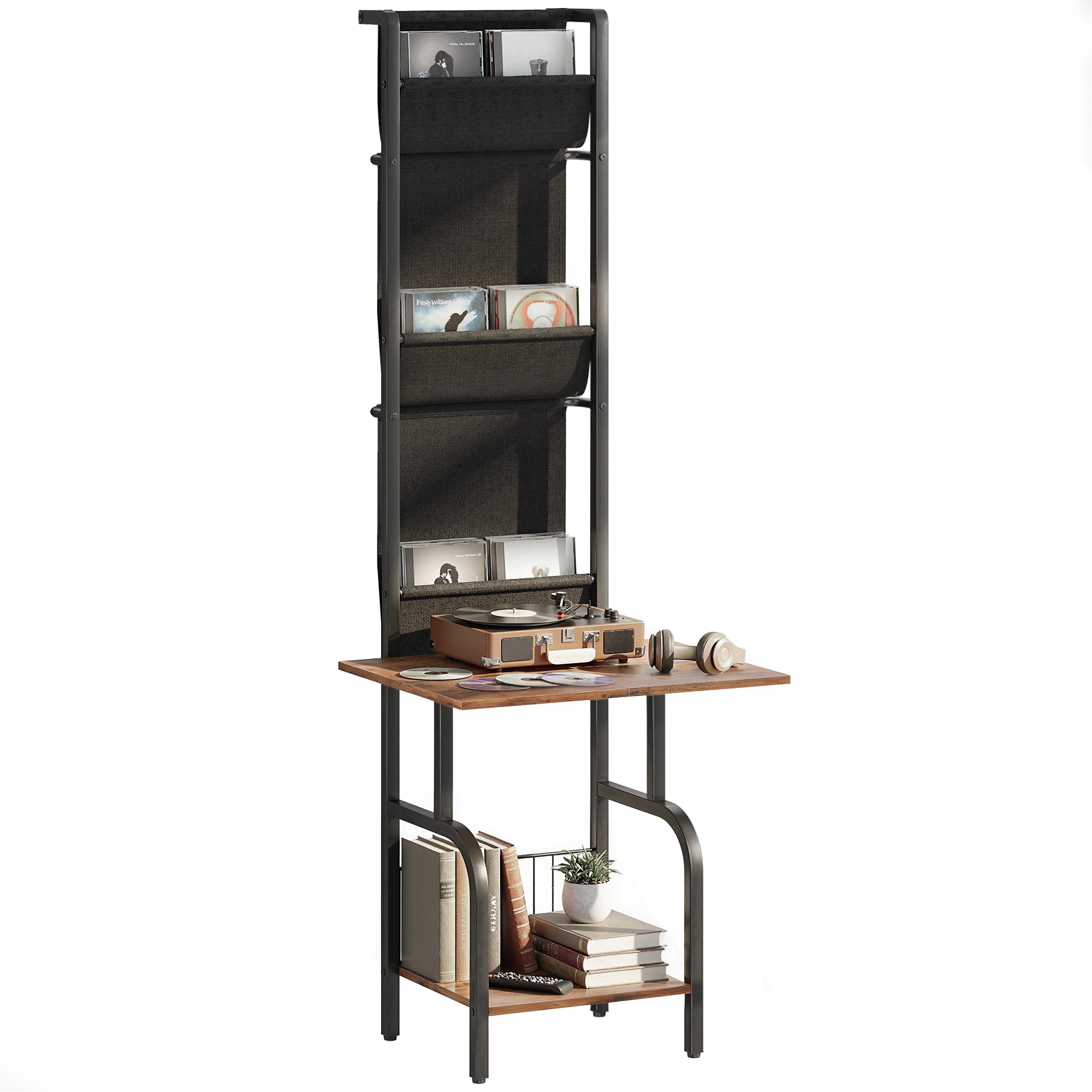Vinyl Record Storage with Player Stand, Turntable Stand and Display Shelf, CD Storage Unit for Up to 40 CDs, Record Player Table for Living Room or Bedroom, Rustic Brown and Black
