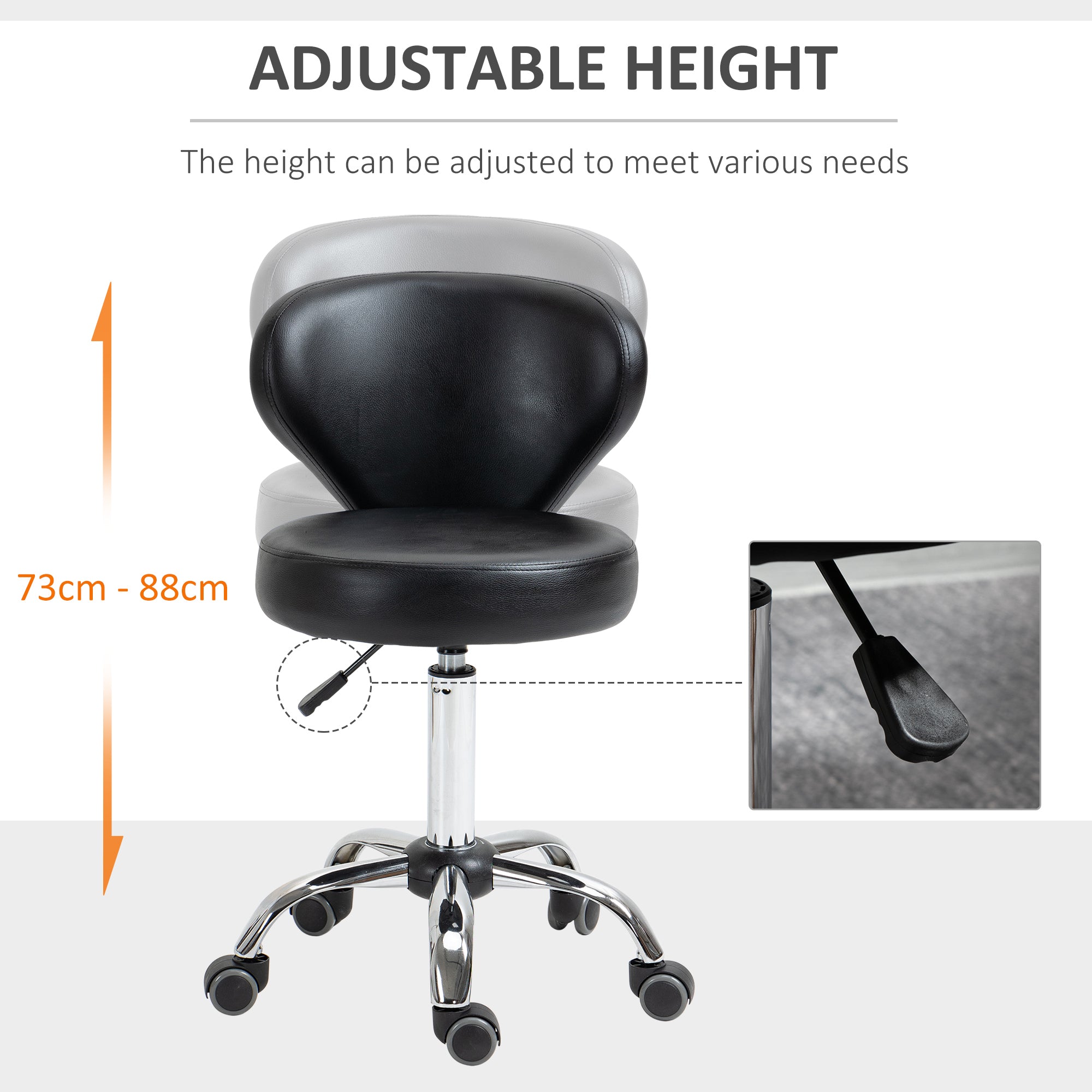 Adjustable Swivel Salon Stool with Backrest and Wheels, Office & Living Room Chair, Synthetic Leather, Black, 17.7" L x 21.3" W x 28.7" - 34.6" H
