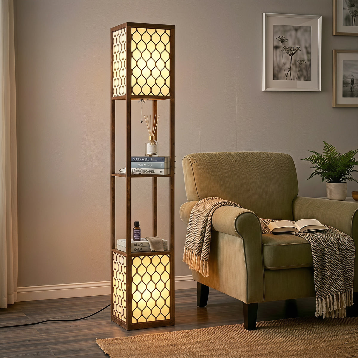 Floor Lamp with Shelves, Modern Tall Standing Lamp with Fabric Lampshades, Zipper Switch and Dual Light for Living Room and Bedroom, Bulbs Not Included, Rustic Brown