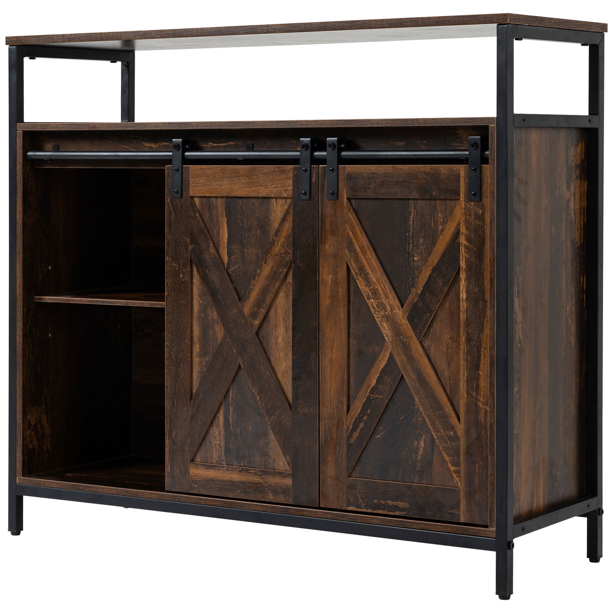 Industrial Sideboard Buffet Cabinet Kitchen Cabinet with Sliding Barn Doors Rustic Brown