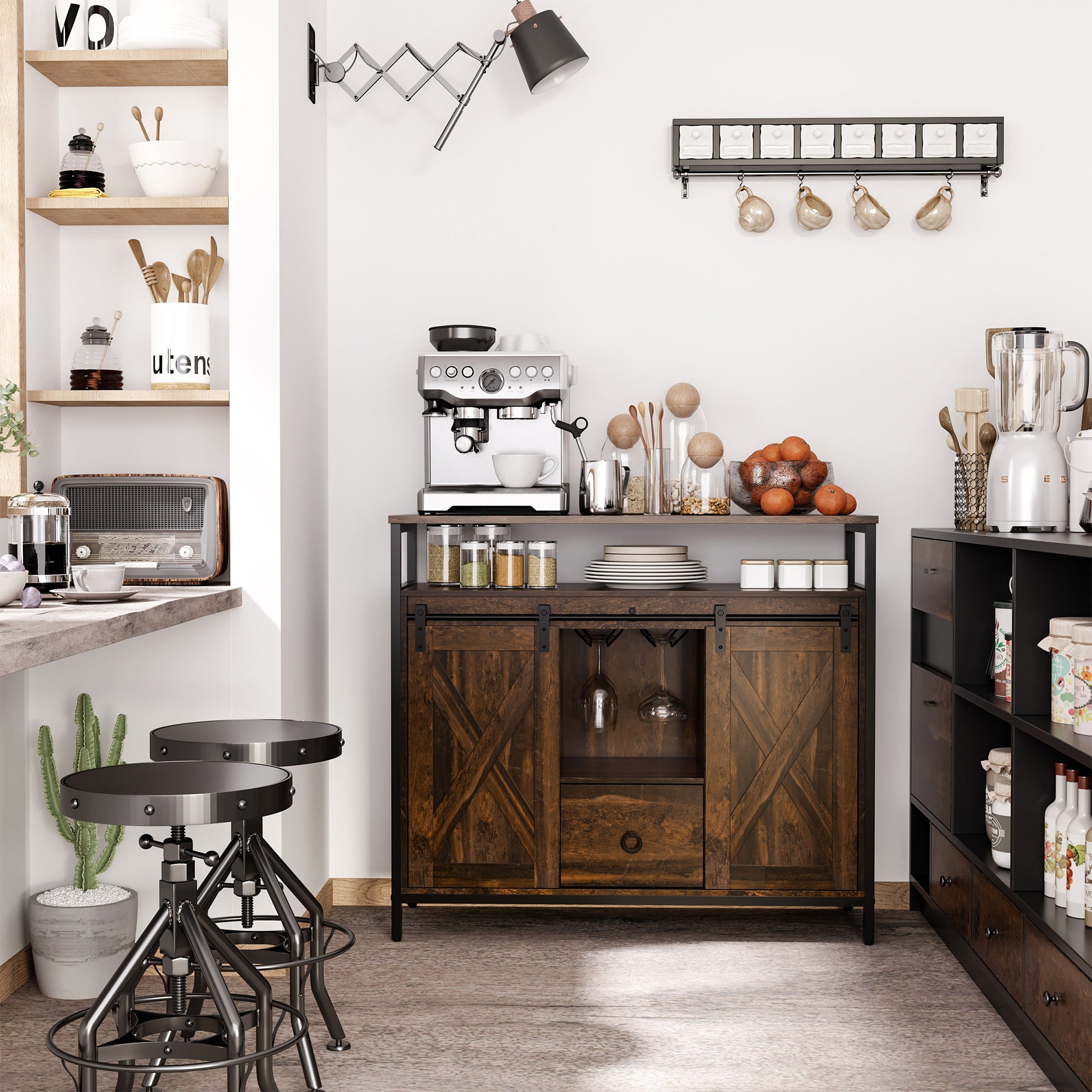 Industrial Sideboard Buffet Cabinet Kitchen Cabinet with Sliding Barn Doors Rustic Brown