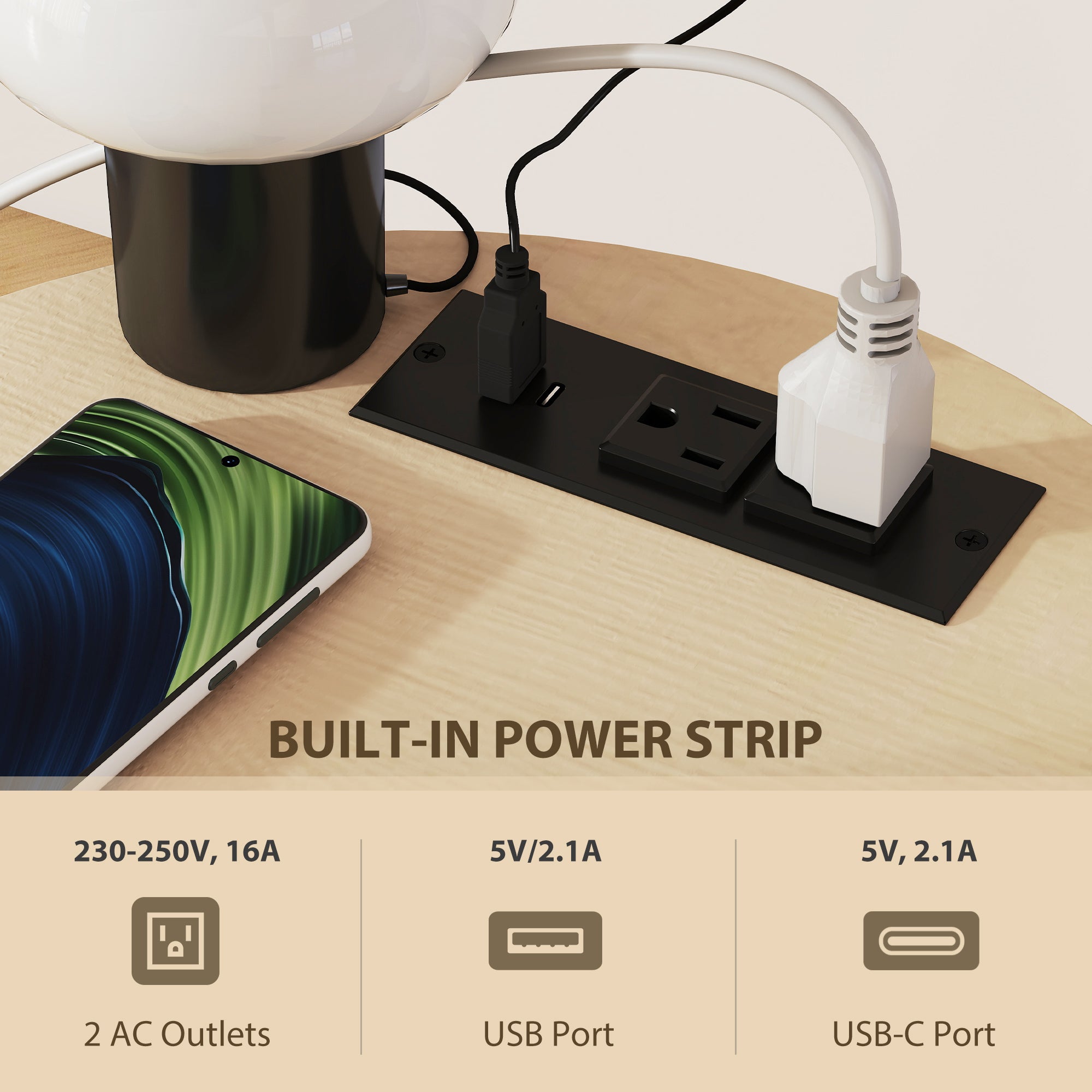 Round Side Table with Charging Station, 3-Tier End Table with Fabric Storage Bag, Shelf and Steel Frame for Living Room, Natural Wood