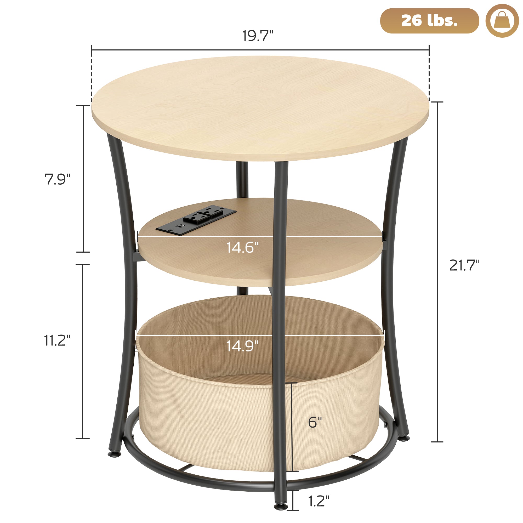 Round Side Table with Charging Station, 3-Tier End Table with Fabric Storage Bag, Shelf and Steel Frame for Living Room, Natural Wood