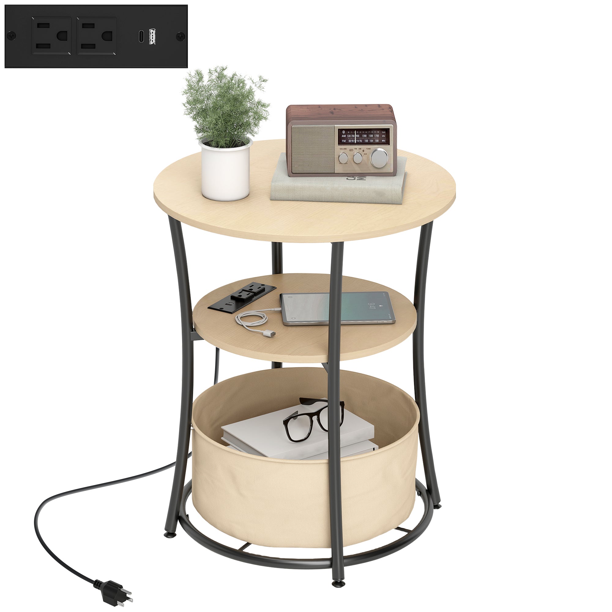Round Side Table with Charging Station, 3-Tier End Table with Fabric Storage Bag, Shelf and Steel Frame for Living Room, Natural Wood
