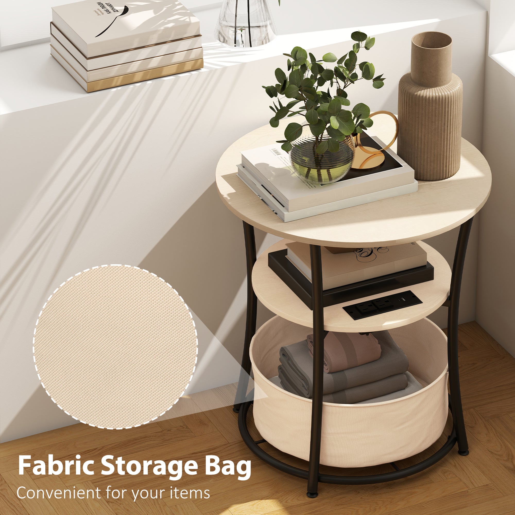 Round Side Table with Charging Station, 3-Tier End Table with Fabric Storage Bag, Shelf and Steel Frame for Living Room, Natural Wood