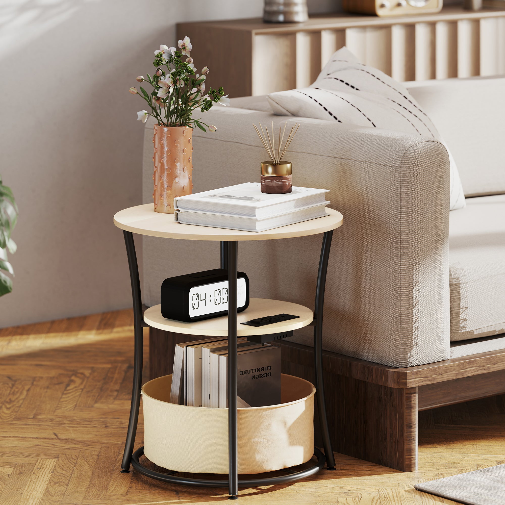 Round Side Table with Charging Station, 3-Tier End Table with Fabric Storage Bag, Shelf and Steel Frame for Living Room, Natural Wood