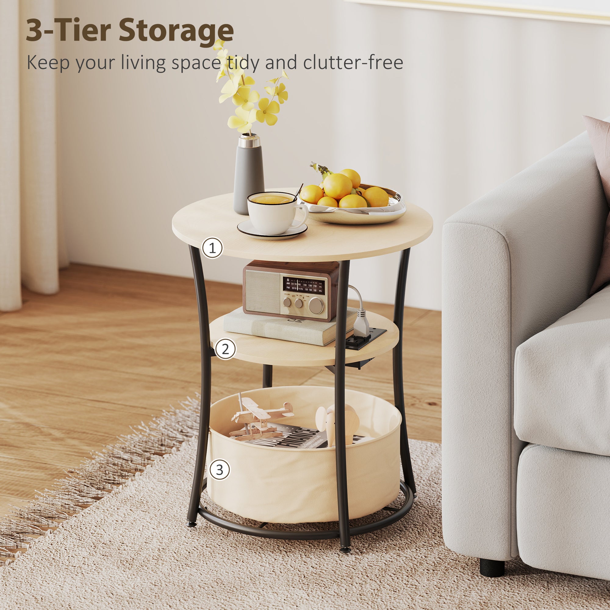Round Side Table with Charging Station, 3-Tier End Table with Fabric Storage Bag, Shelf and Steel Frame for Living Room, Natural Wood