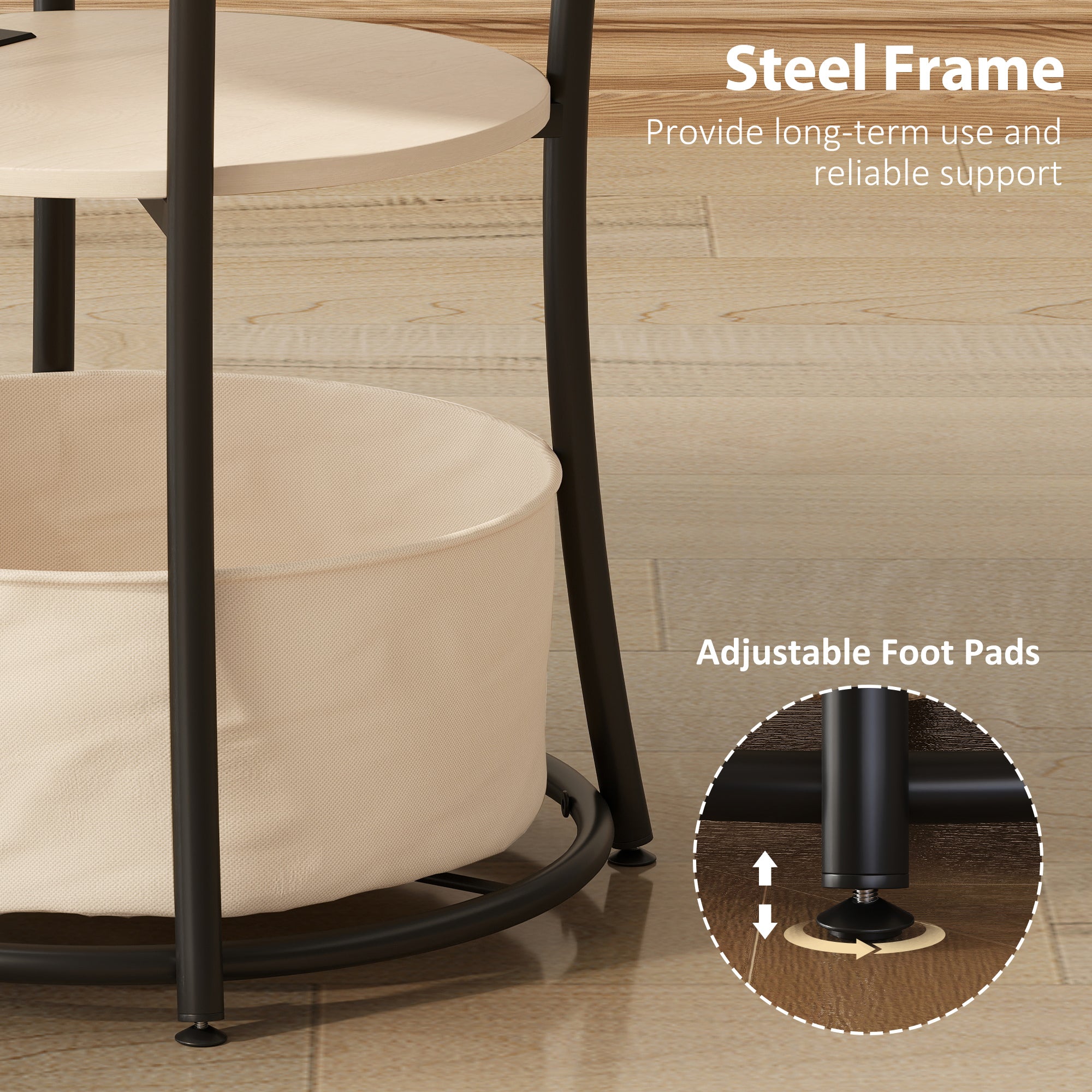 Round Side Table with Charging Station, 3-Tier End Table with Fabric Storage Bag, Shelf and Steel Frame for Living Room, Natural Wood